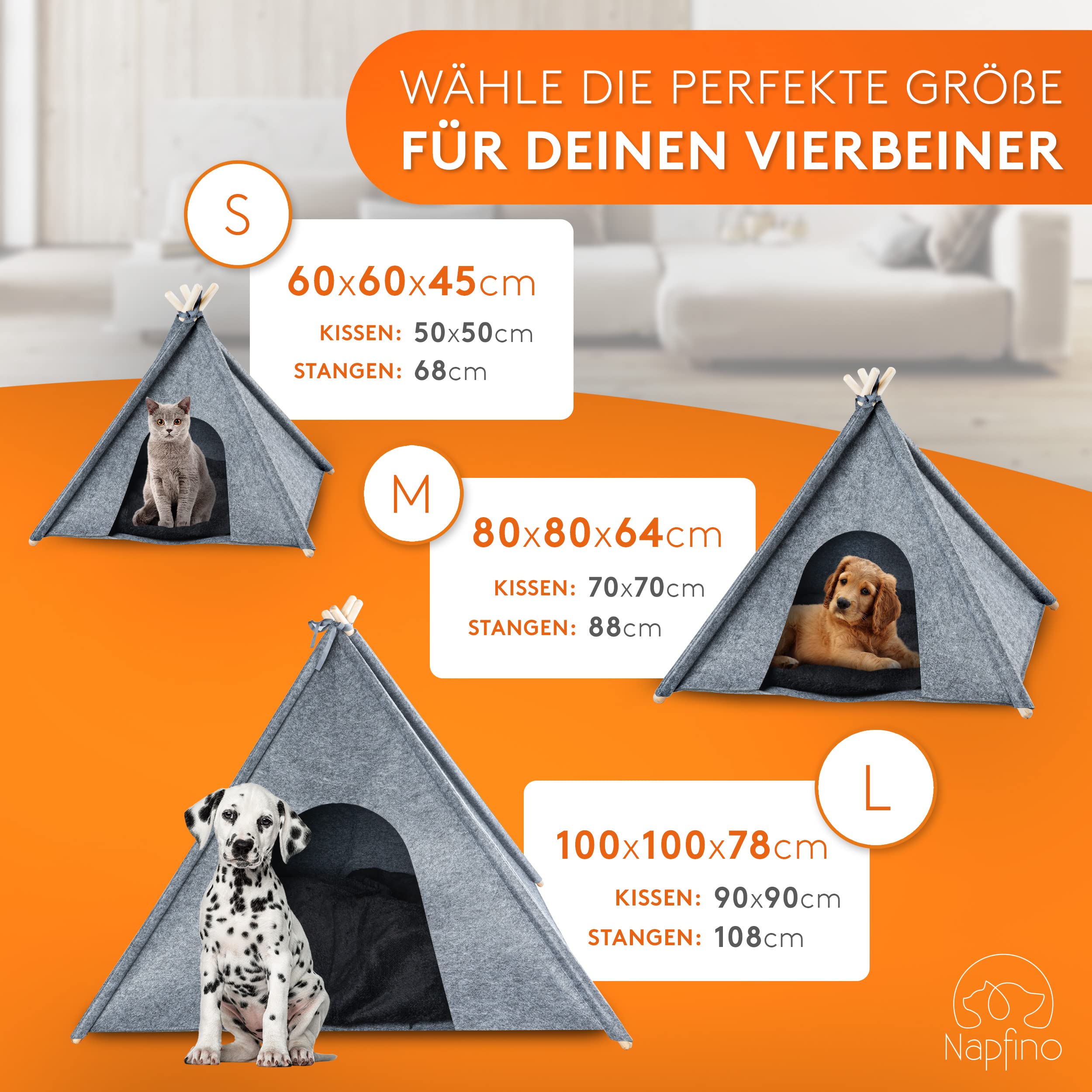 NAPFINO - Gemütliche Hundehöhle & Katzenhöhle - Angenehme Hundehütte Indoor aus Filz - Hundezelt mit weichem Kissen & Anti Milben Bezug - Für Balkon, Garten & Wohnzimmer - Inkl. Spielzeug (Größe M)