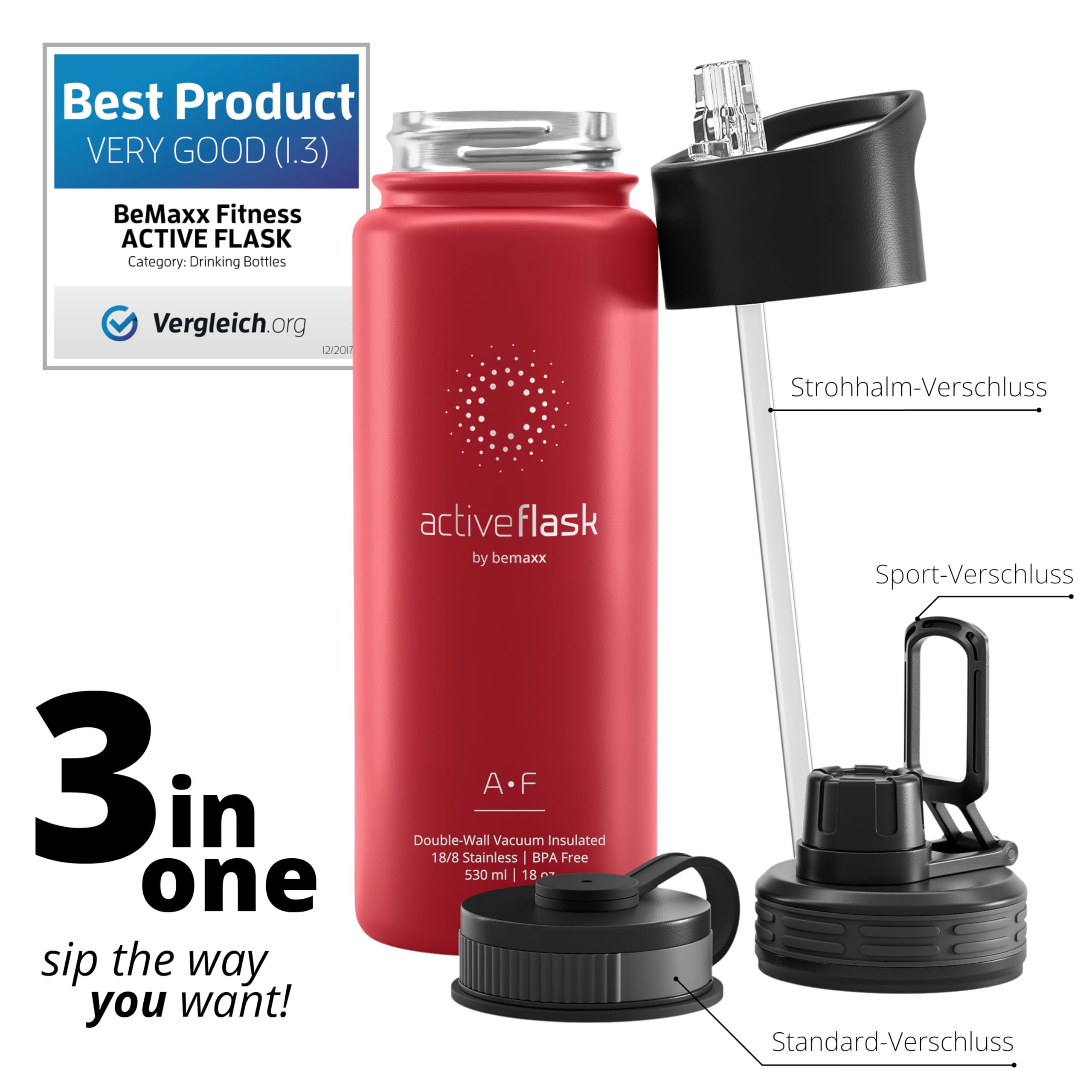 Trinkflasche Edelstahl ACTIVE FLASK + Strohhalm (3 Deckel) BPA-frei, Auslaufsicher, Kohlensäure geeignet - Wasserflasche Fahrrad Thermosflasche Isoliert Isolierflasche Sport Wasser Flasche Kinder Tee