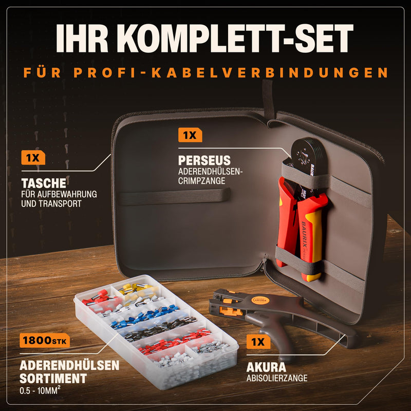 BAURIX® Crimpzange Set mit 1800 Aderendhülsen Set und Abisolierzange I Aderendhülsenzange selbsteinstellend [Für 0,25-10mm²] I Krimpzange, Crimpzangen, Crimp Zange, Presszange