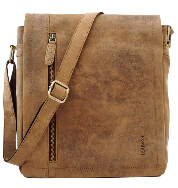 LEABAGS Leder Umhängetasche Herren & Damen I Messenger Bag mit Schultergurt I Schultertasche I Arbeitstasche I Tragetasche I Handtasche I Echtleder Tasche I Nature Hellbraun