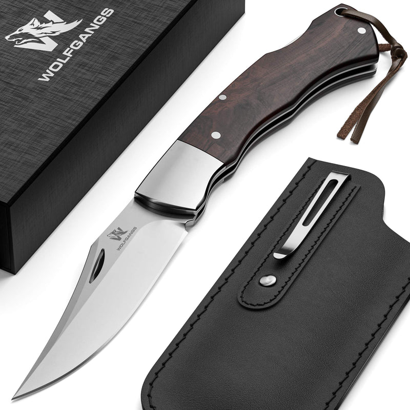 Wolfgangs VIRUM Zweihand-Klappmesser - Ein echter Gentlemen Folder mit hochwertigem Ebenholz Griff - Taschenmesser Holzgriff - Edles Survival Outdoor Messer - Zweihandmesser inkl. Echt-Leder Tasche