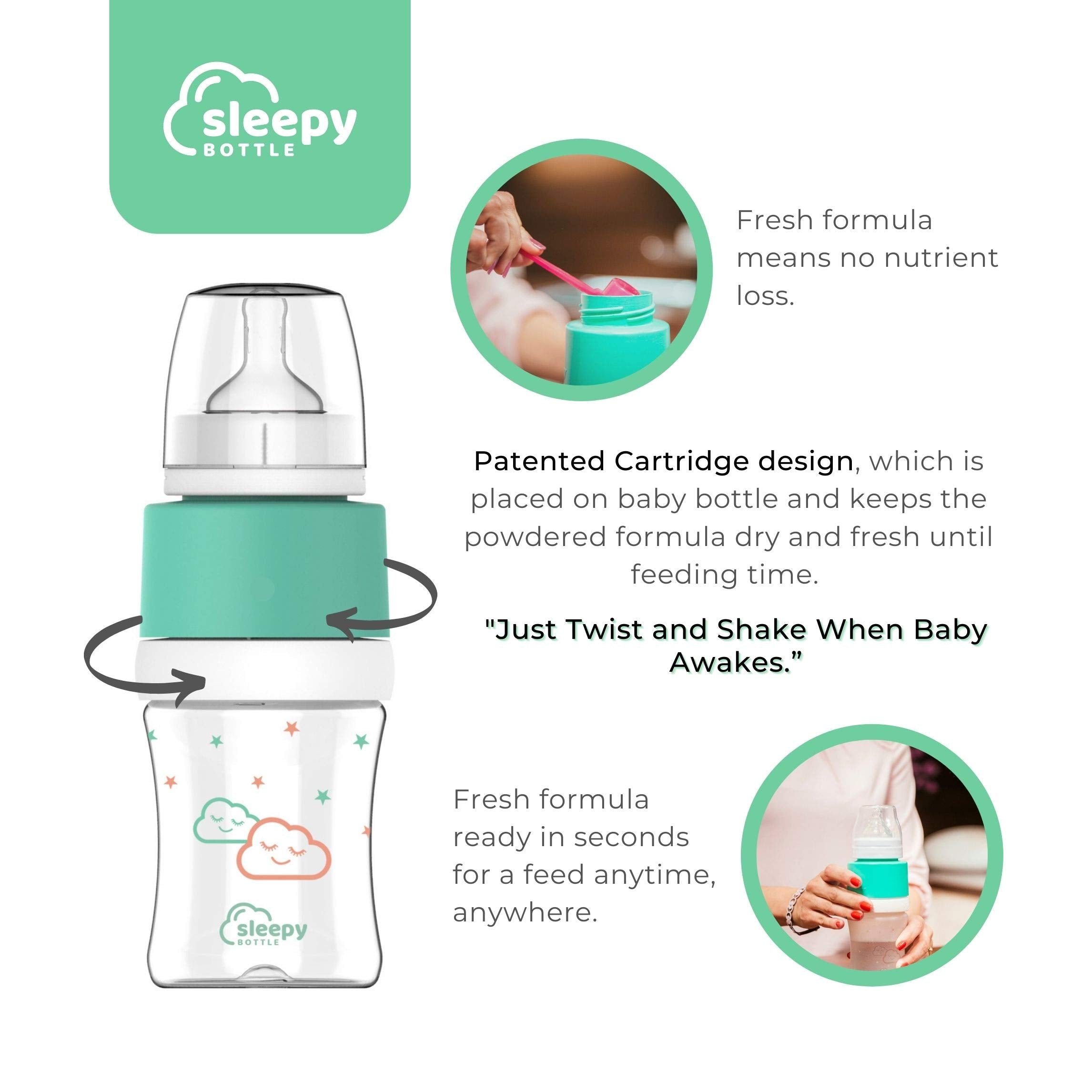 SLEEPY BOTTLE Tragbarer Babyflaschenzubereiter. Erwärmt Wasser 37°C. Einfache Babyflaschen Zubereitung. TWIST & SHAKE und Wasser vermischt mit Milchpulver. Baby Nachtfütterung. Baby unterwegs füttern.