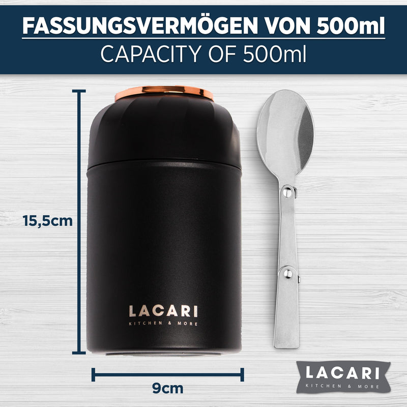 LACARI Thermobehälter für Essen in Blau | 700ml Thermosflasche aus Edelstahl | Warmhaltebehälter Essen | Lunchbox & Müsli to go Becher | Essensbox BPA frei | Inklusive Löffel & Transporttasche