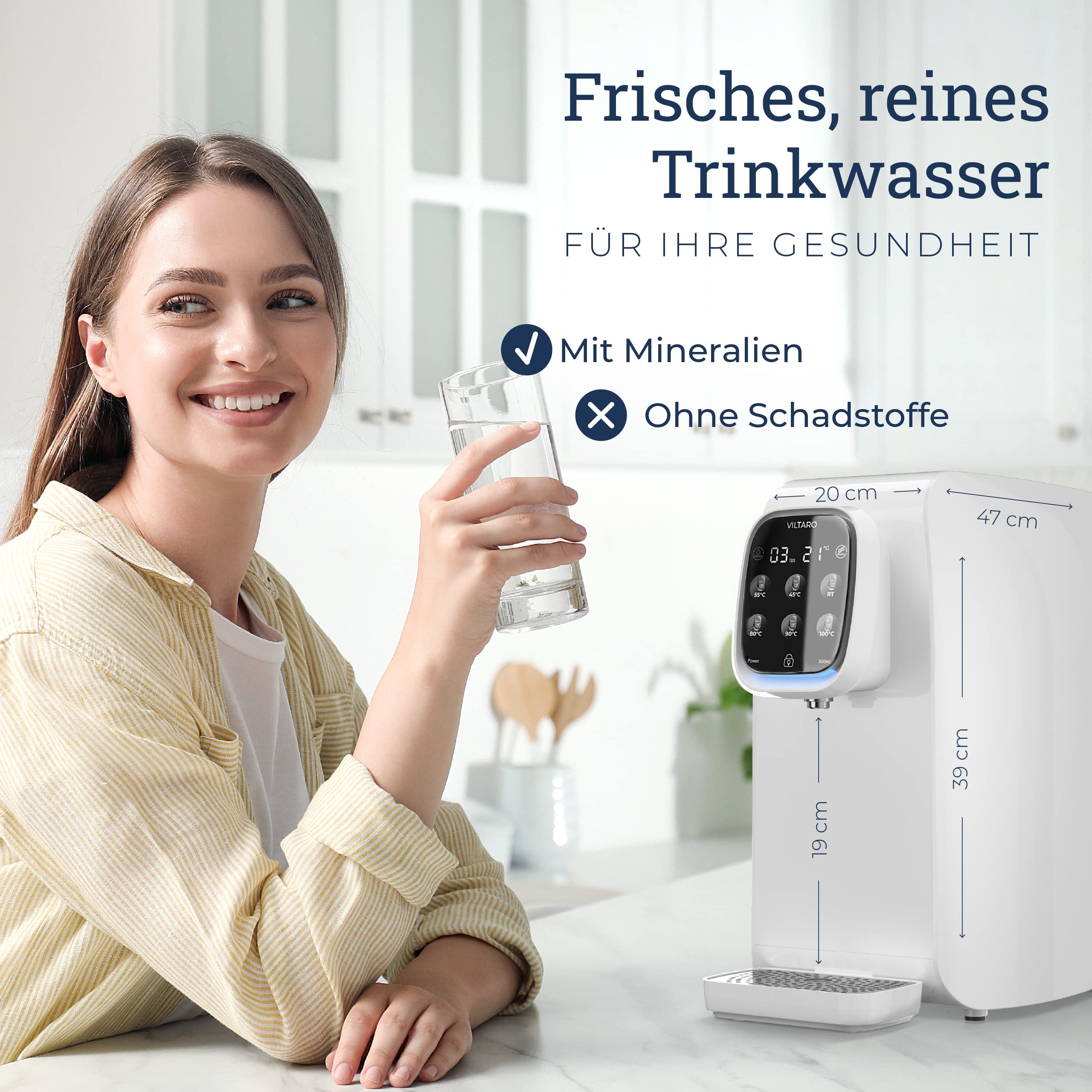 VILTARO® | OHNE FILTER | Osmoseanlage für Trinkwasser [5-stufiges Filtersystem, 6 Temperaturstufen, mobil ohne Wasseranschluss] | Umkehrosmoseanlage | Osmose Wasserfilter | Kalkfilter | Trinkwasserfilter