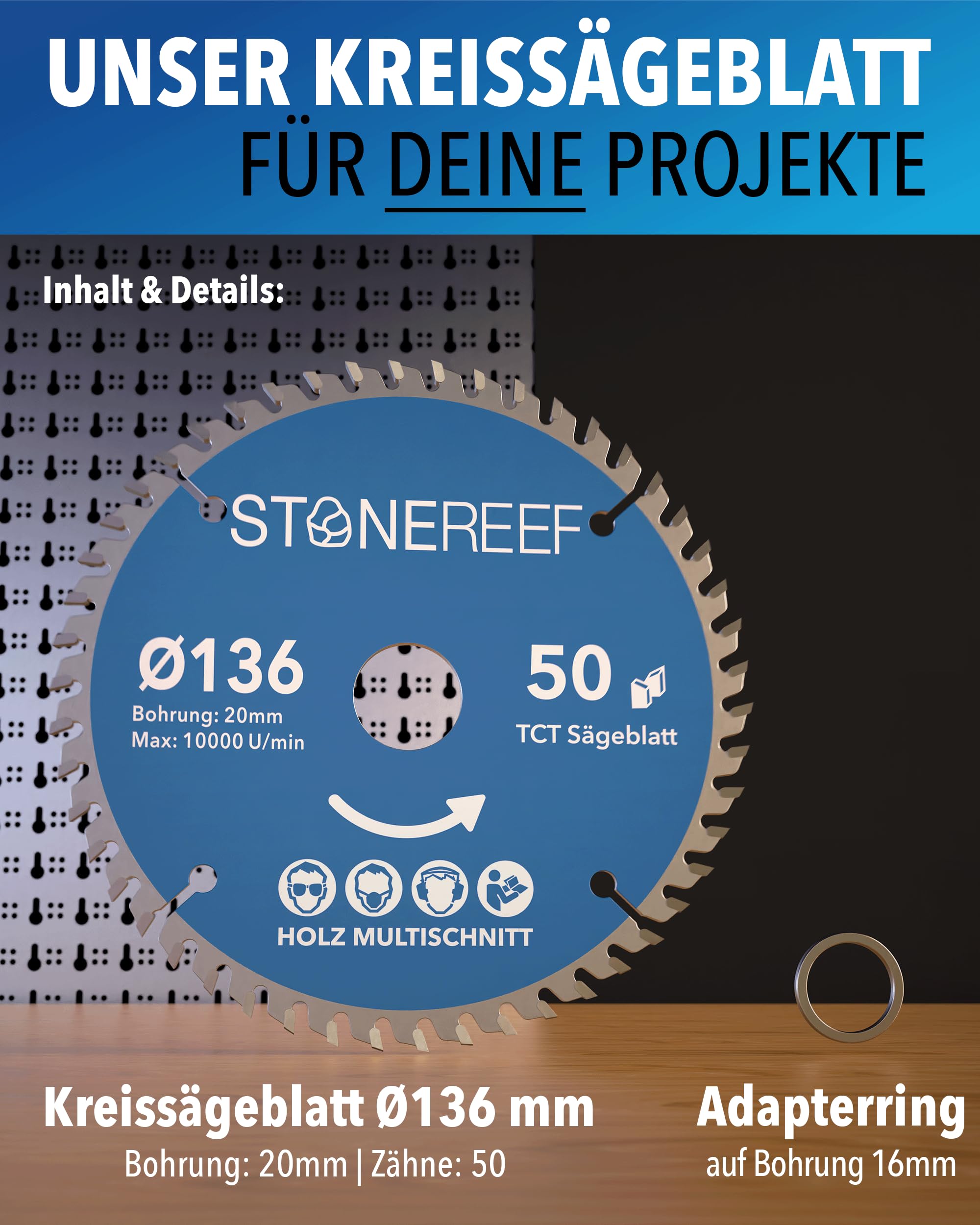 STONE REEF Sägeblatt 136x20 - Kreissägeblatt [inkl. Adapter auf Bohrung 16mm], kompatibel mit Tauchsäge & Kreissäge von Bosch, Makita usw. - Sägeblatt Kreissäge Nagelfest, ideal für Holz, Metall & Alu