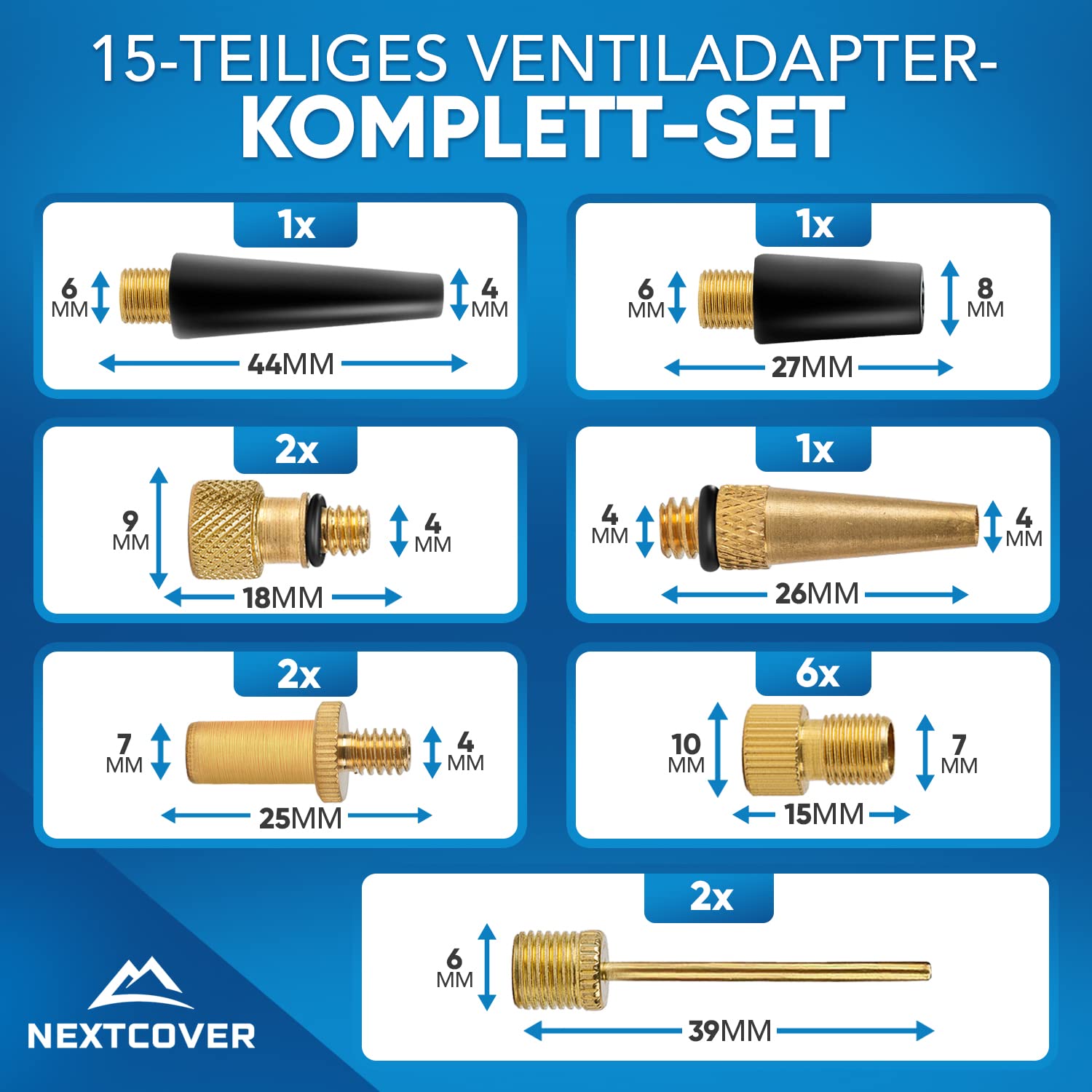 NEU NEXTCOVER Profi Fahrradventil Adapter Set [15-teilig] I Passend für alle gängigen Ventilarten I Adapter Französisches Ventil für Luftpumpe & Kompressor I Robuste Ventiladapter Fahrrad