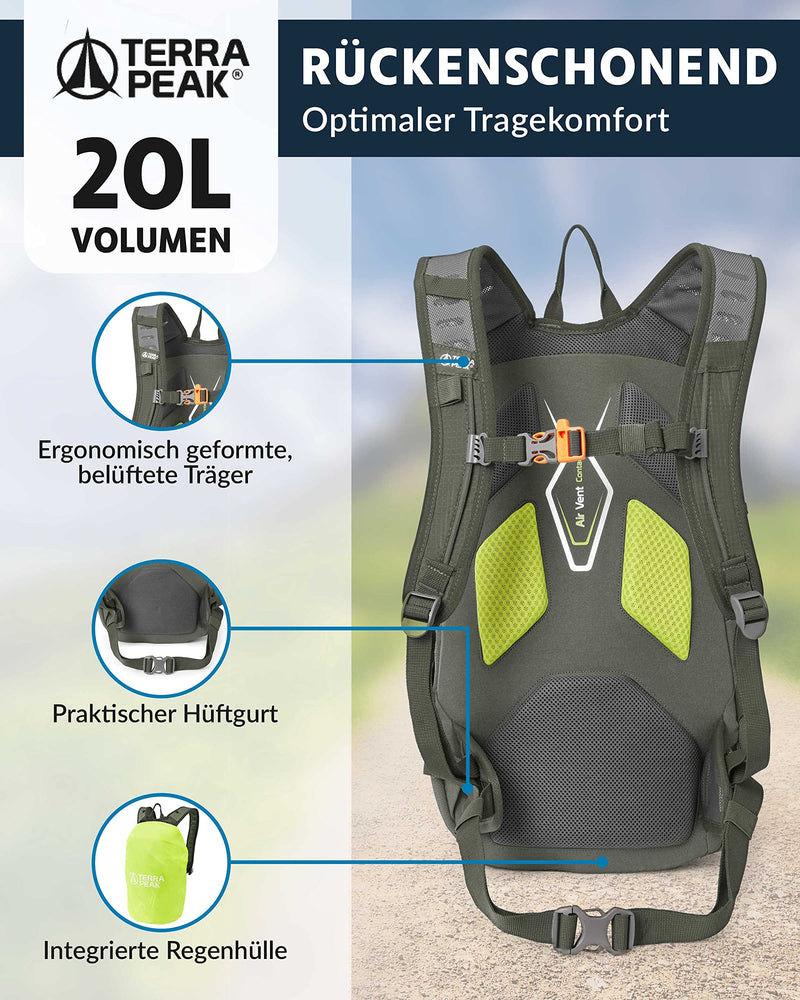 Terra Peak Wanderrucksack 20L Damen Herren Active 20 olivegrün klein - backpack wasserdicht - Rucksack zum Wandern, Camping und Outdoor - handgepäck mit laptop-fach - unisex daypack