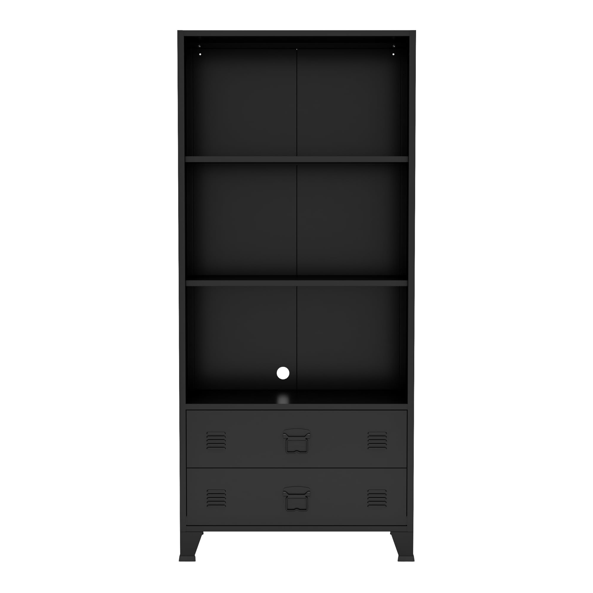 [en.casa] Bücherregal Hammarland Bücherschrank mit 2 Schubladen Schwarz Wohnzimmerschrank Metall Standregal mit Kabeldurchlass 180 x 80 x 40 cm