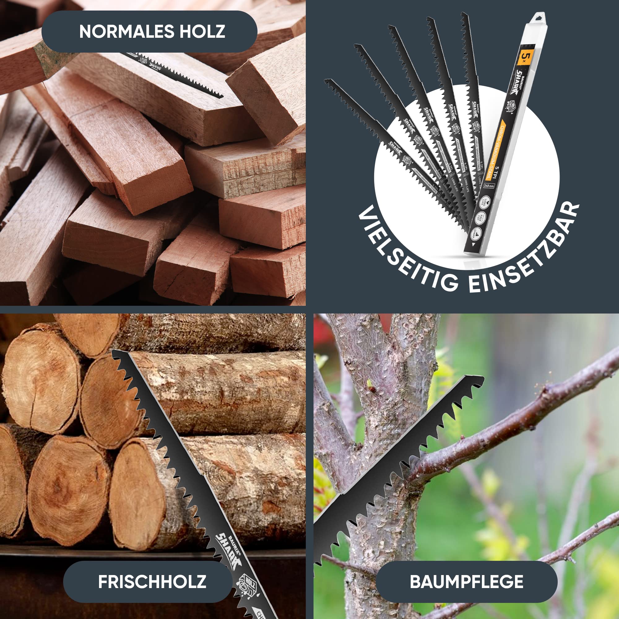 BAURIX® Säbelsägeblätter Holz I SHARK® [5 Stück] I 240 mm, 5 TPI I Sägeblatt Säbelsäge für schnelle und saubere Schnitte I Grobholz, Nassholz, Brennholz, lebendes Holz