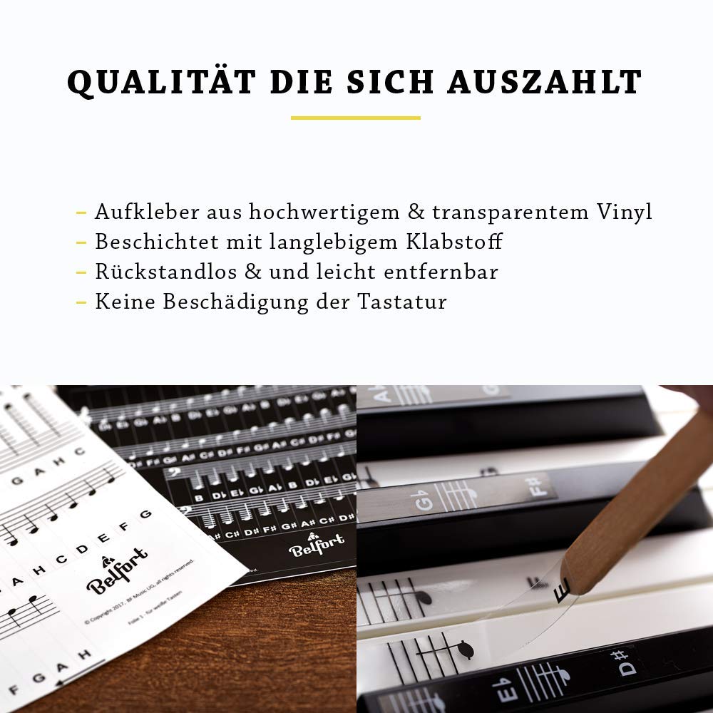 BELFORT® Klavier + Keyboard Noten-Aufkleber für 49 | 61 | 76 | 88 Tasten + Ebook | Piano Sticker Komplettsatz für schwarze + weisse Tasten | C-D-E-F-G-A-H | Einfache deutsche Anleitung