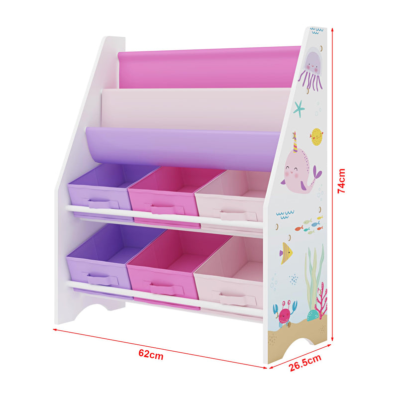 [en.casa] Kinderregal Ponteceso Bücherregal mit 2 Ablagefächern Spielzeugregal 6 Boxen Bücherkiste mit Ozean-Motiv Weiß Rosa Lila Kinderzimmer Organizer