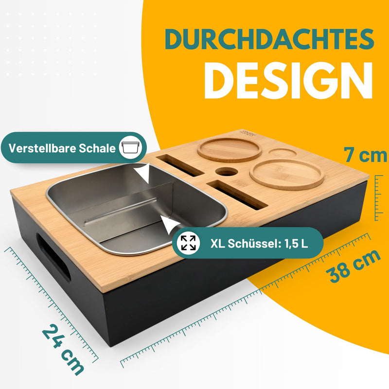 D&D Living® Couchbar Snackbox | Bambus Sofa Butler als Snackbar und Couch Organizer mit XL Schale | Getränkehalter Couch Console mit Flaschenöffner