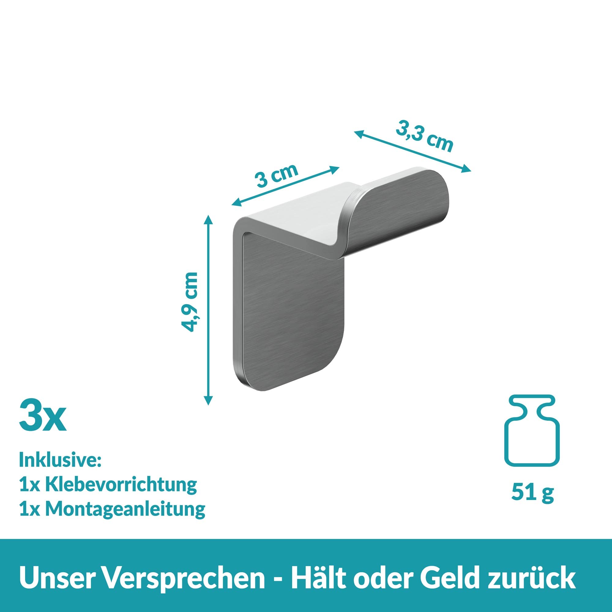 WEISSENSTEIN Handtuchhaken Ohne Bohren aus Edelstahl fürs Bad – Selbstklebende Haken – 3 Stück