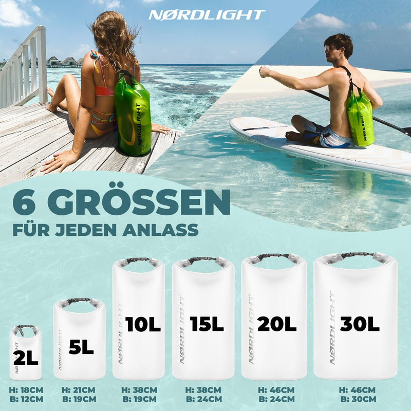 Nordlight Dry Bag 2L Wasserdichter Beutel - (Transparent) Wasserdichter Packsack Mit Roll Top Verschluss Und Schultergurt | Schwimmen, Baden, Strand, Kanu, Stand Up Paddling, Tauchen