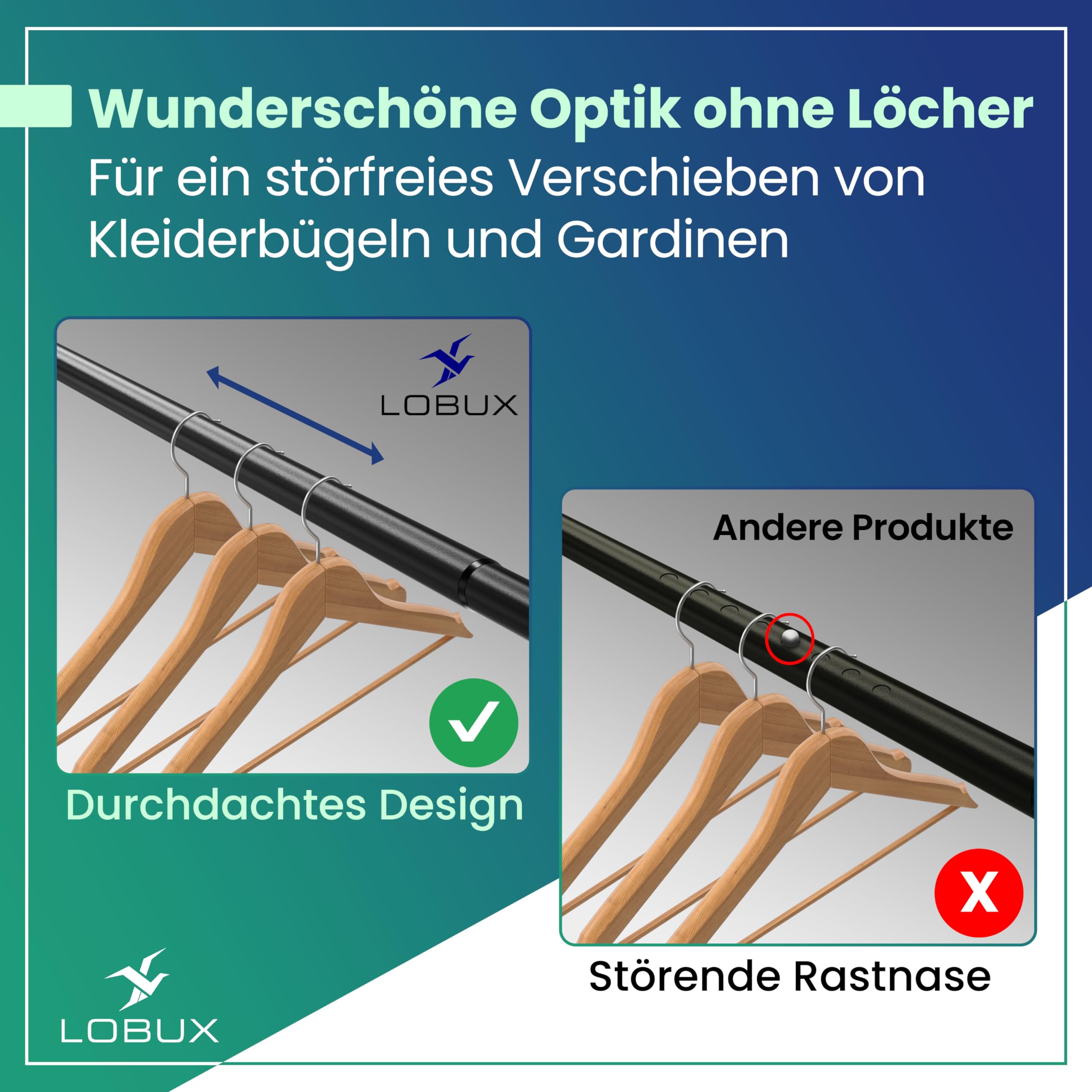 LOBUX® - Gardinenstange ohne bohren [schwarz, 110-250cm] – Teleskopstange Vorhang ausziehbar – Duschstange ohne bohren – Vorhangstange, Duschvorhangstange, Kleiderstange, Klemmstange Katzennetz