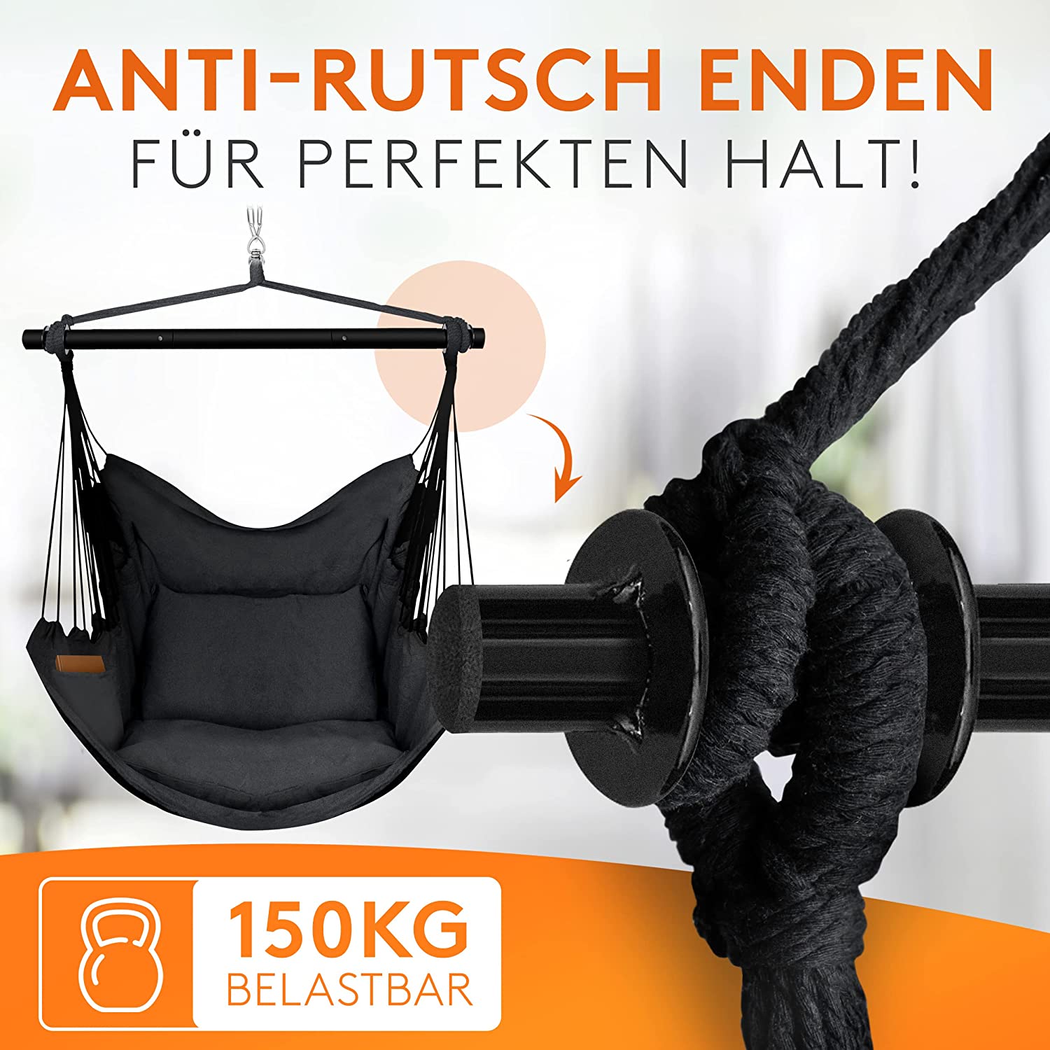 FALKENWERK - Hängesessel mit Fußstütze - Ultra bequemer Hängestuhl [bis 150 kg] - Sicherer Hängesitz mit Getränkehalter & Bücherfach - Hängeschaukel für Indoor & Outdoor - Hängesessel ohne Gestell