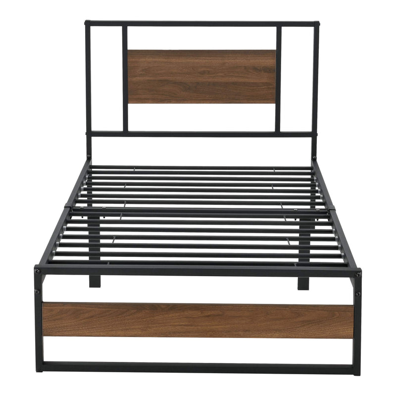 [en.casa] Metallbett 90x200 cm Stahlrahmen Schwarz Spanplatte Walnuss-Optik Bettgestell