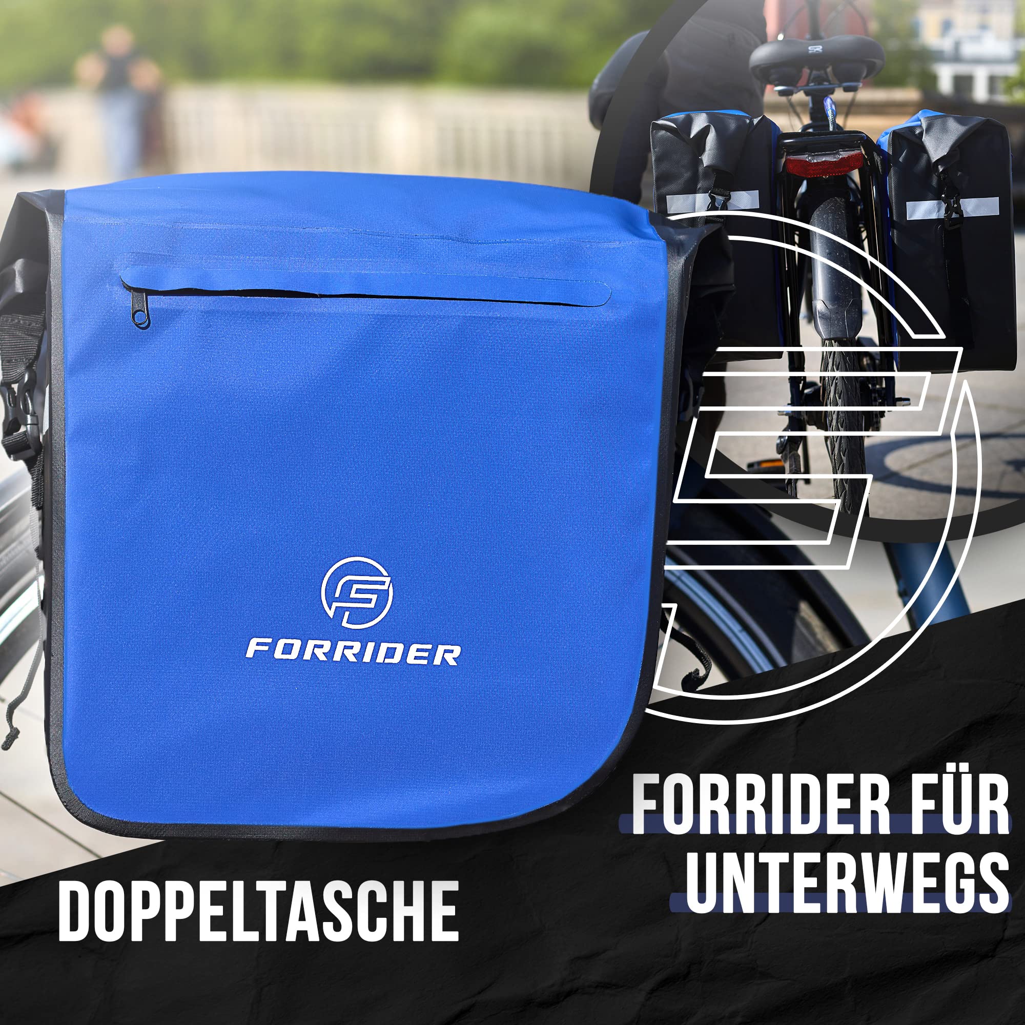 Forrider 2er Set Fahrradtaschen für Gepäckträger Wasserdicht Reflektierend | Gepäckträgertaschen 44L | Sattel Tasche fürs Fahrrad zum Einkaufen