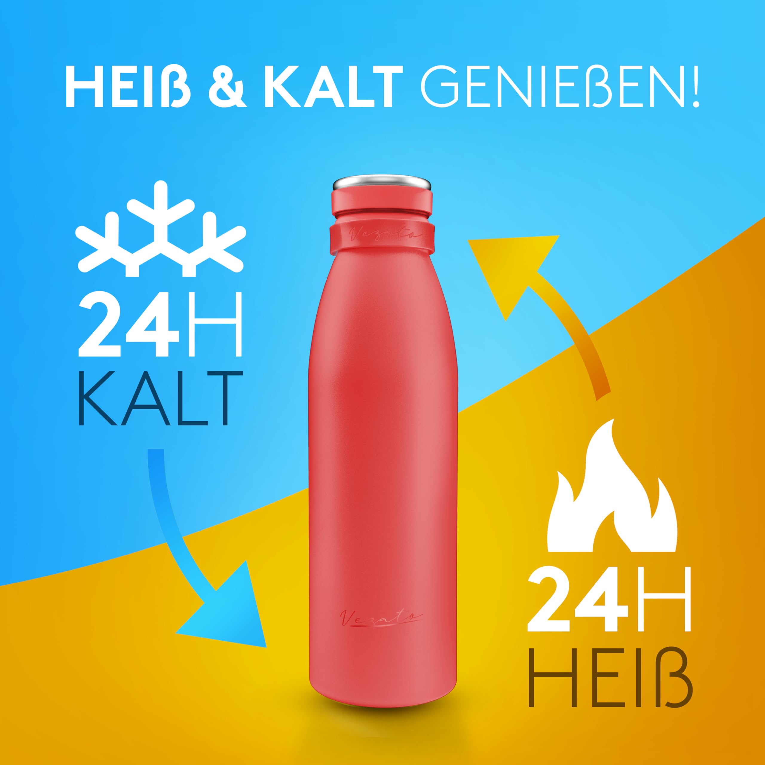 Vezato Trinkflasche Edelstahl - BPA-freie Isolierflasche 500 ml - Auslaufsichere Wasserflasche mit doppelter Isolierung - Thermosflasche spülmaschinenfest - Für Kohlensäure geeignet - Nachhaltig