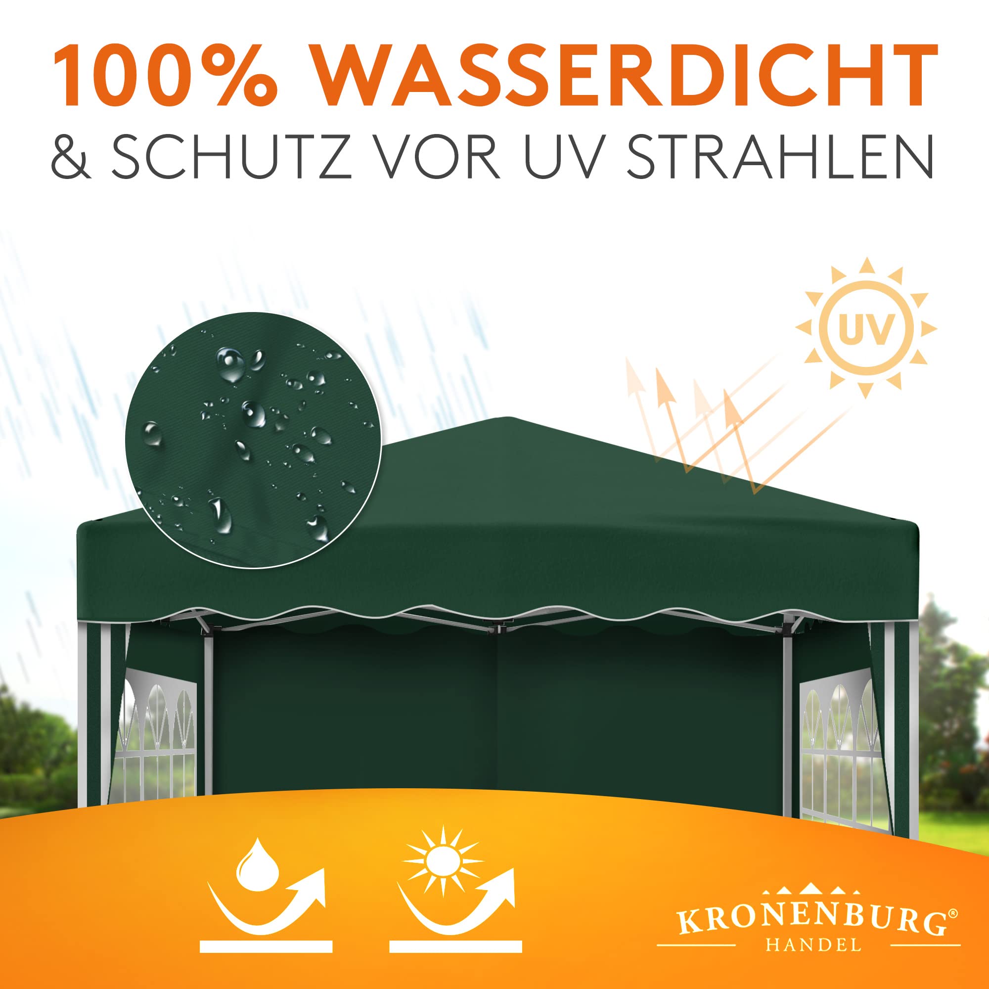 Kronenburg Faltpavillon wasserdicht Dachmaß 3 x 3 m UV Schutz 50+ Pavillon in Grün mit 4 Seitenteilen