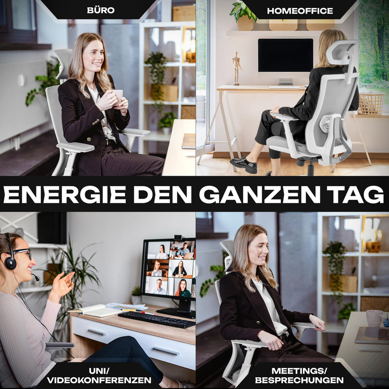 VALKENSTOL M3 Pro Ergonomischer Bürostuhl 150 kg Grau – [Höhenverstellbare Lordosenstütze] Schreibtischstuhl Bürostühle Bürostuhl Ergonomisch PC Stuhl Drehstuhl Office Chair Ergonomic Weiss