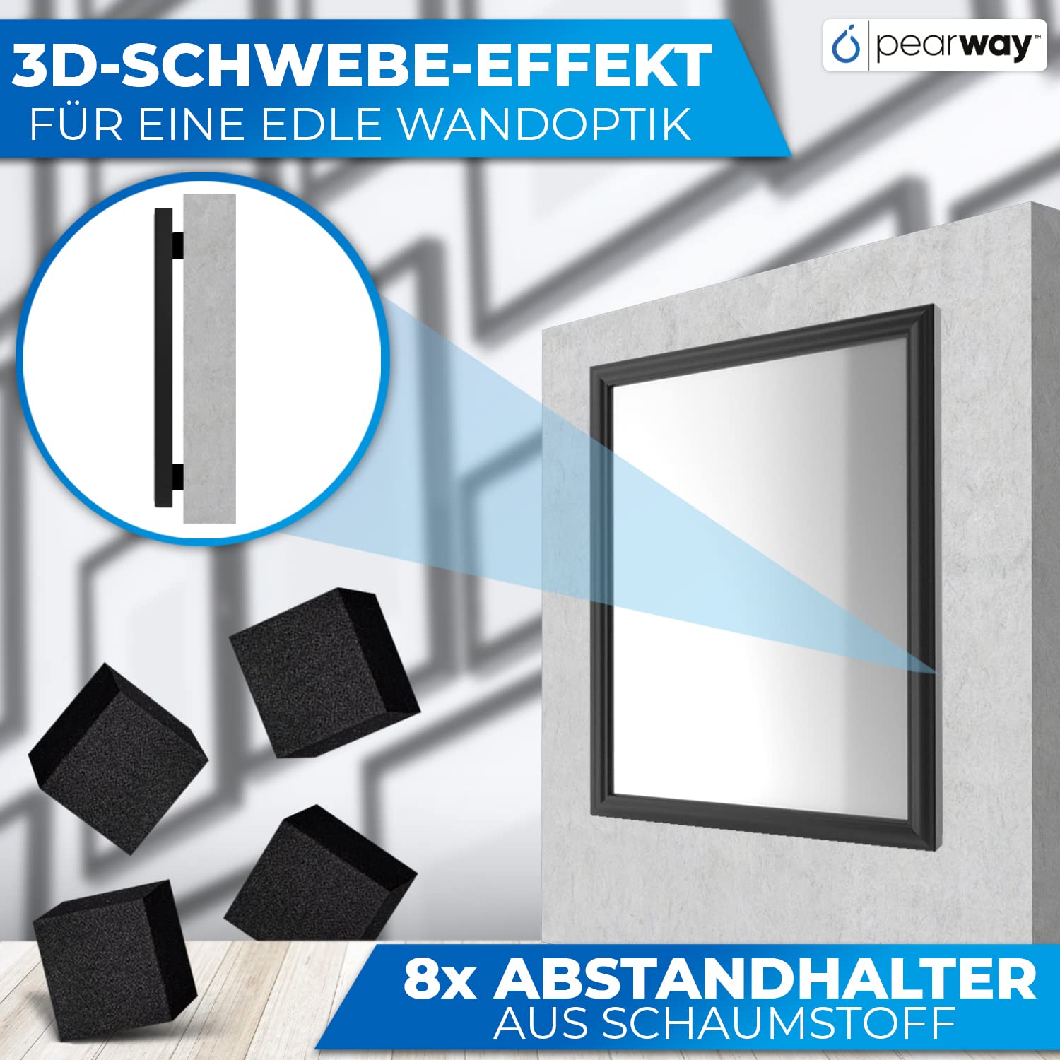 PEARWAY™ Profi Spiegel Aufhängung Selbstklebend - 2 Stück [10x20cm] inkl. Zubehör I Maximaler Halt dank leistungsstarkem 3M Tape I Ideale Klebehaken & Aufhänger für Bilder I Spiegelhalterung