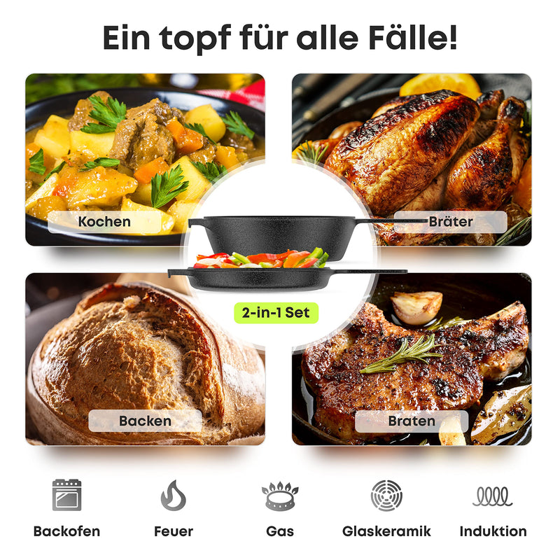 Gusseisen Topf 2in1 mit Grillpfanne/