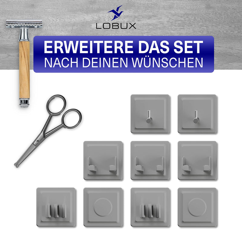 LOBUX® - 4in1 Badezimmer Halter Set selbstklebend [Soft-Touch Silikon], superfester Halt - Bad Organizer enthält: Rasierhalter, Zahnbürstenhalter, Haken, Neodym Magnet (hellgrau)