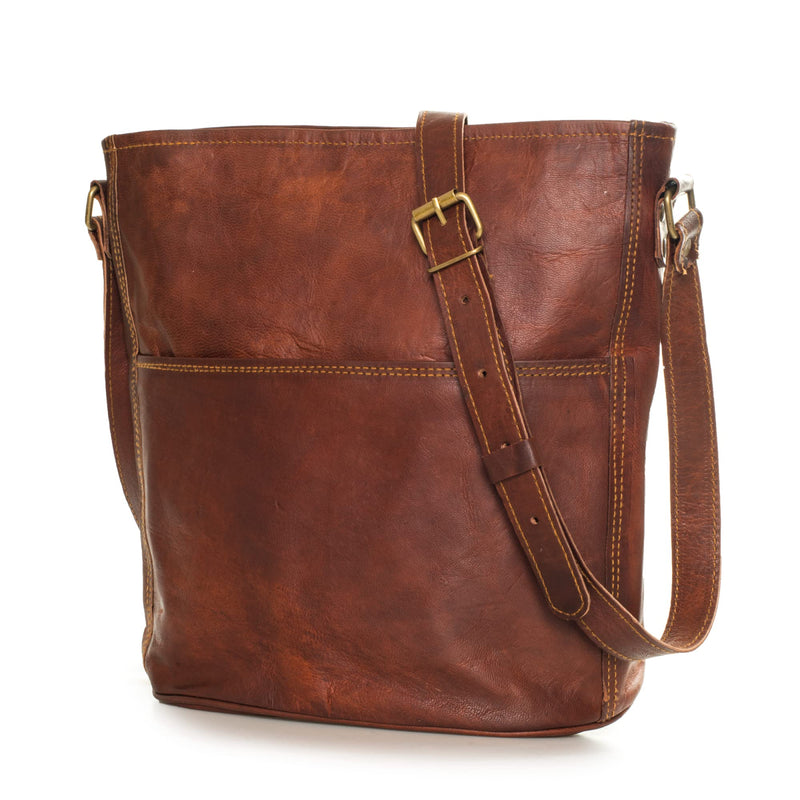 Leabags Leder Handtasche Damen I Premium Echtleder Umhängetasche I Damen Schultertasche I Damentasche I Tragetasche für Arbeit Uni Schule Freizeit I Größe L (31 x 23 x 6 cm) I Vintage Cognac