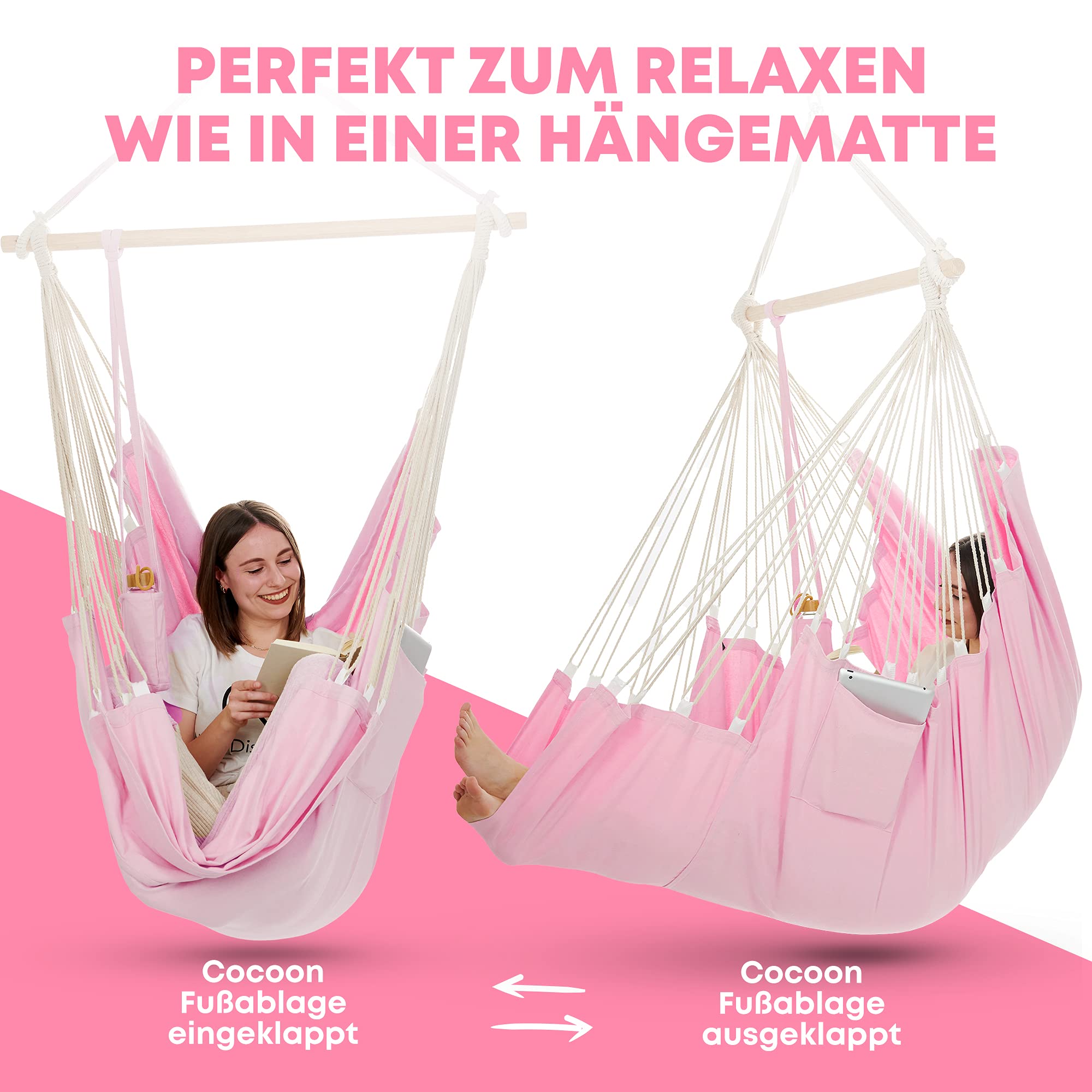 Elements by NearDistance® Hängesessel, Hängestuhl Indoor Outdoor für Erwachsene & Kinder, mit Fußablage & Kissen (Pink)