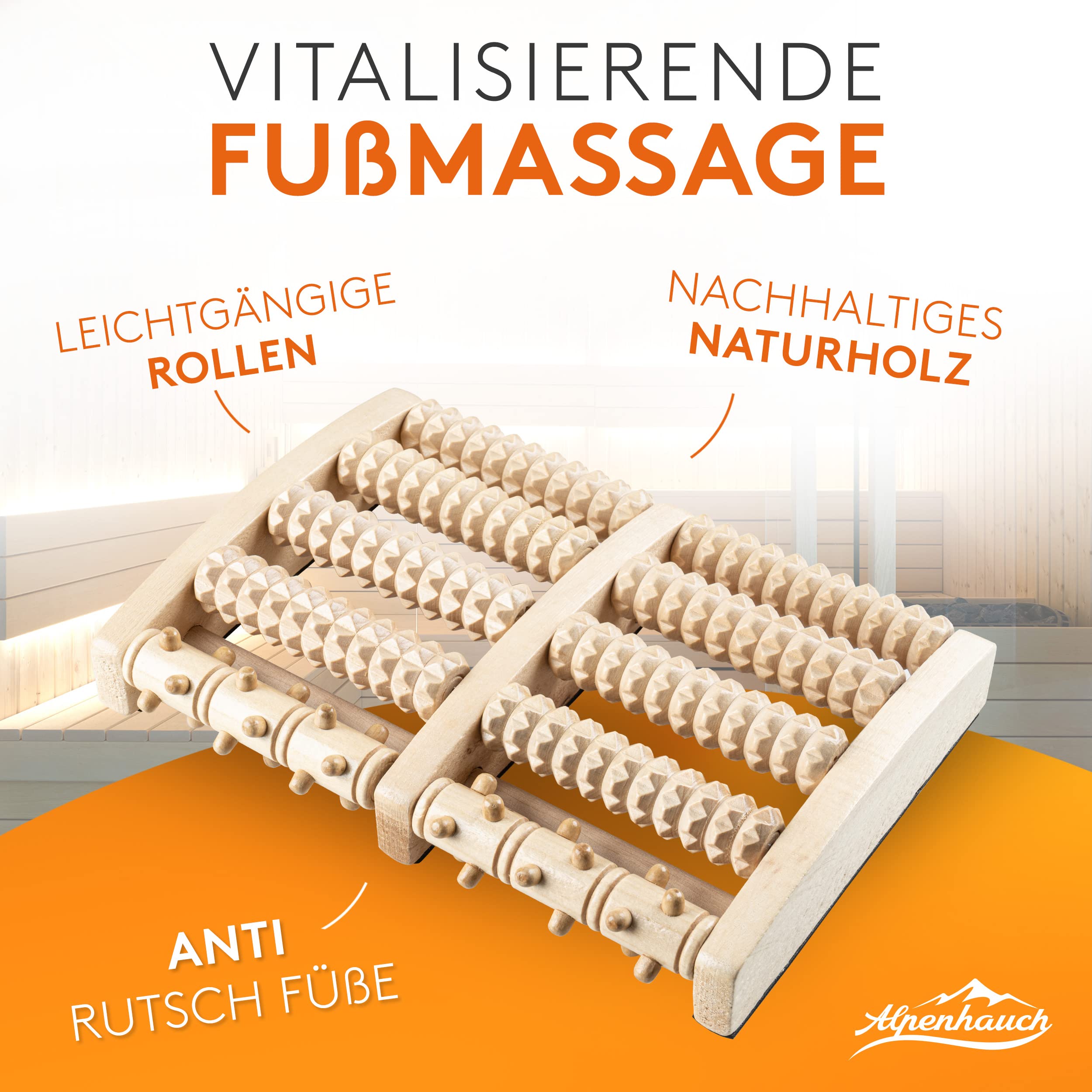 ALPENHAUCH - Fußmassageroller aus Echtholz mit Akupressurmatte - Vitalisierendes Fussmassagegerät mit Noppen - Stimulierender Fußmassage Roller - Fußmassage Gerät für Fersensporn & Plantarfasziitis