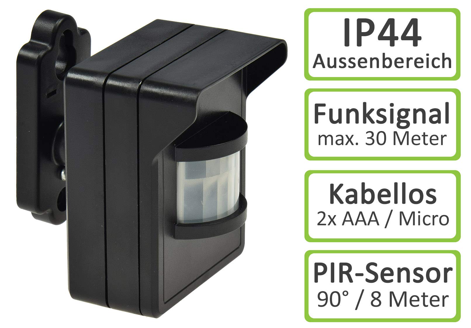 Funk Bewegungsmelder IP44 für Aussen Pilota Casa 90° 8m Reichweite LED Geeignet FunkSignal bis 30 Meter Schwarz