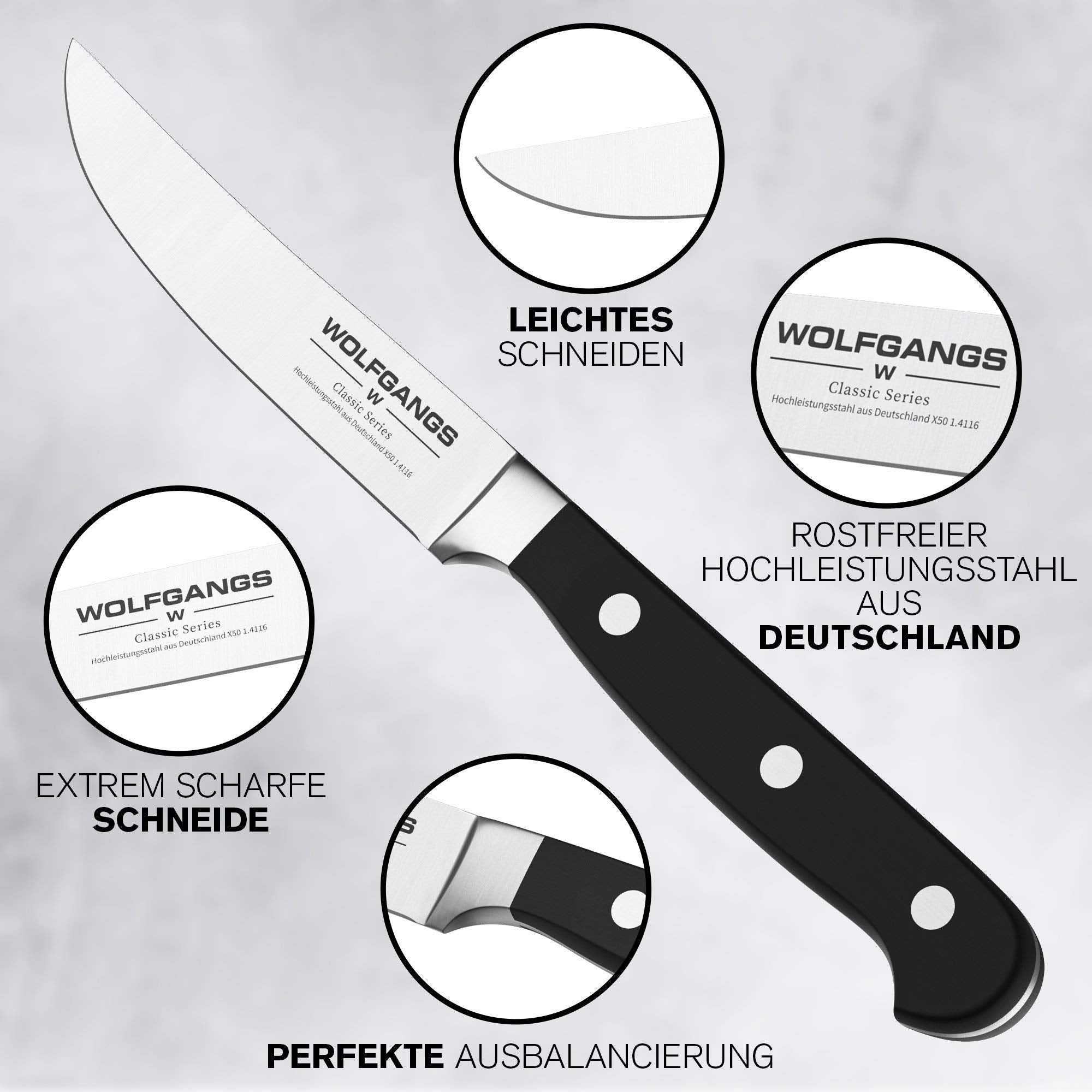 Wolfgangs Edles Steakmesser Set - 100% rostfreie Steak Messer mit Edelstahl-Klinge - Steakmesser Holzgriff - Premium Steakbesteck auch für festes Fleisch - Extrascharfes Messerset