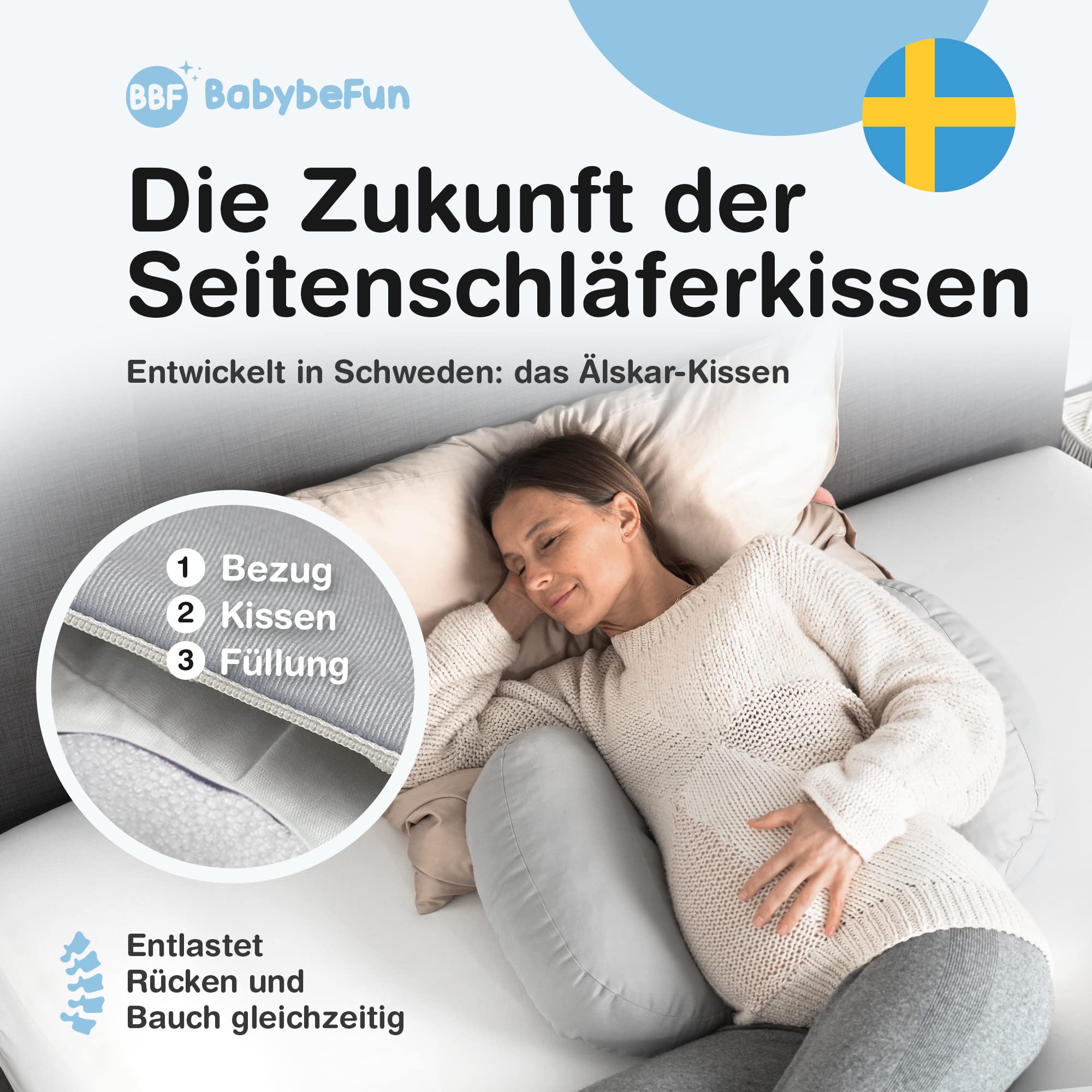 BabybeFun Schwangerschaftskissen mit waschbarem Stillkissenbezug | Seitenschläferkissen gegen Rückenschmerzen als Geschenkidee für werdende Mütter Pregnancy Pillow hellgrau; Farbe wählen..