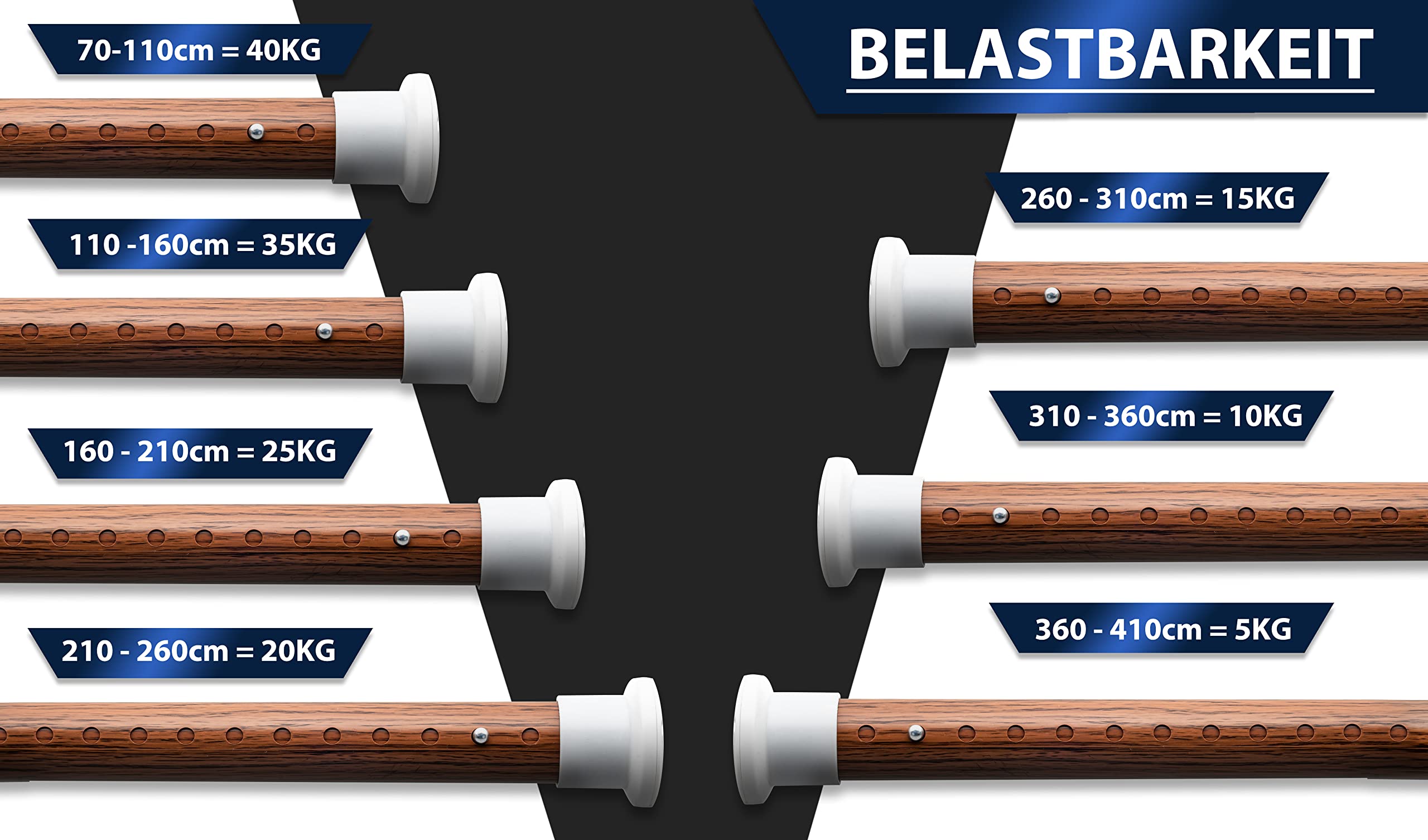 MEISENBERG Gardinenstange ohne Bohren 360-410cm, Ø32mm Holzoptik Multifunktionale Vorhangstange zum Einklemmen - Ausziehbare Teleskopstange, Klemmstange - auch für Trennwand anwendbar