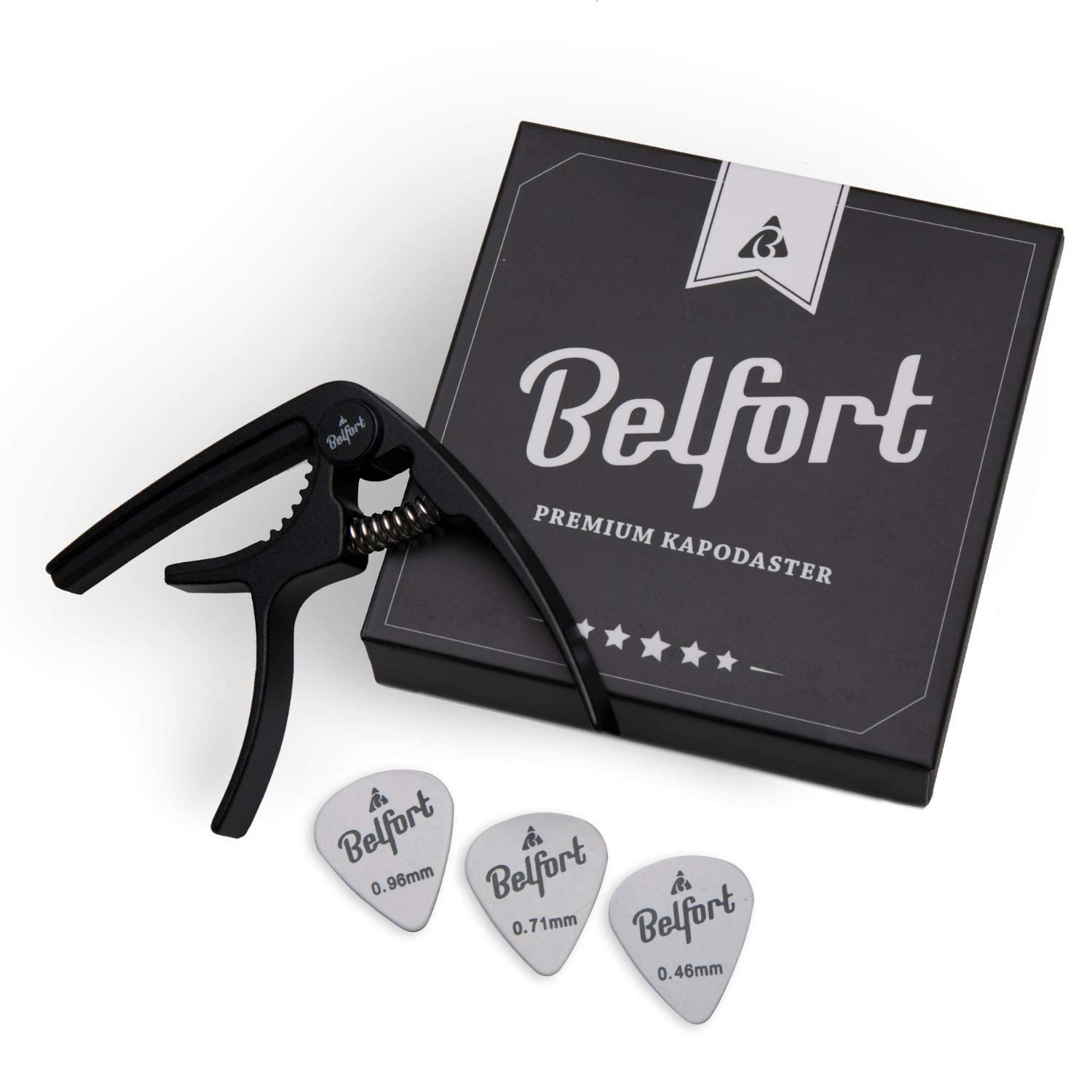 BELFORT® Original QuickPitch Kapodaster für Gitarre + 3 Plektren + Gratis eBook ☆ Kinderleichte Bedienung ☆ Capo für Gitarre - Westerngitarre, Akustikgitarre, Konzertgitarre, E-Gitarre & Ukulele