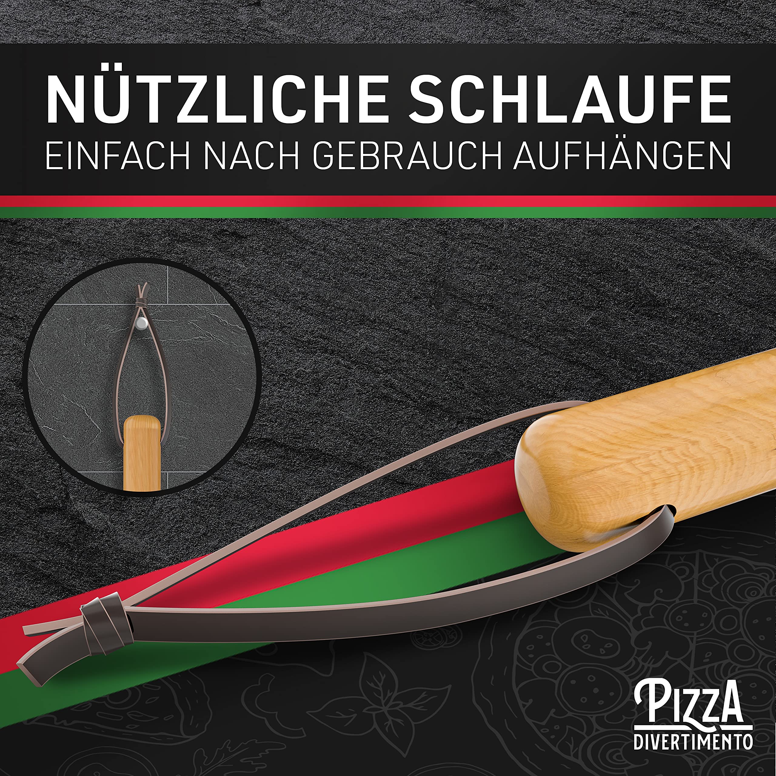 Pizza Divertimento [DAS ORIGINAL - Pizzaschieber - Pizzaschaufel aus rostfreiem Aluminium [83 cm]- Robustes Gewinde - Pizzaheber mit abgerundeten Kanten - Inkl. e-Rezeptbuch