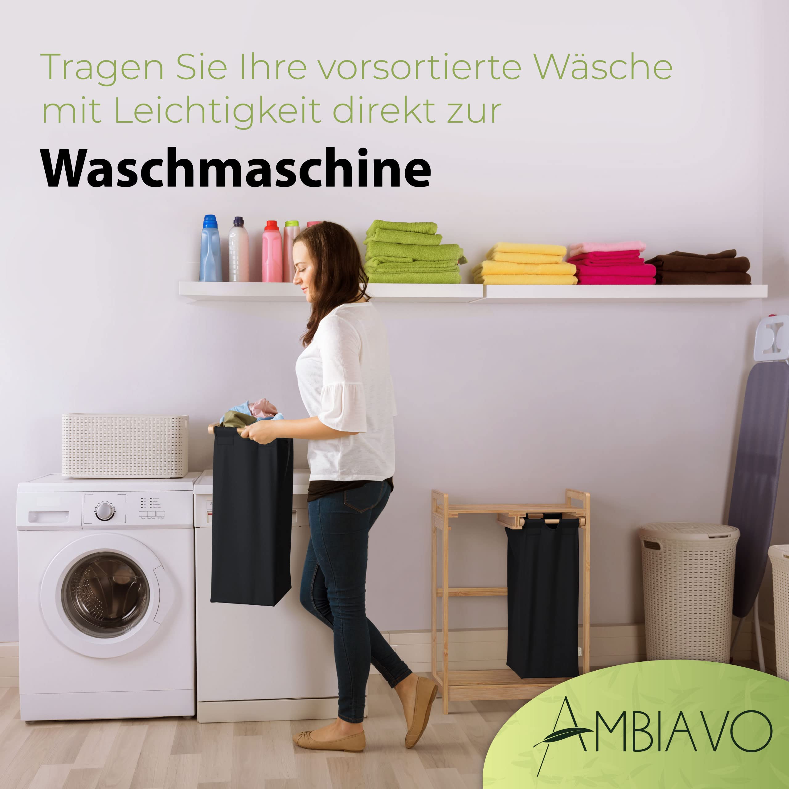 AMBIAVO® Wäschekorb 2 Fächer [schwarz, 100% Baumwolle, Bambus, 60 l Volumen] | Wäschesammler für Schmutzwäsche| Wäsche Sortiersystem | Wäschesortierer Holz | Wäschebox | laundry baskets