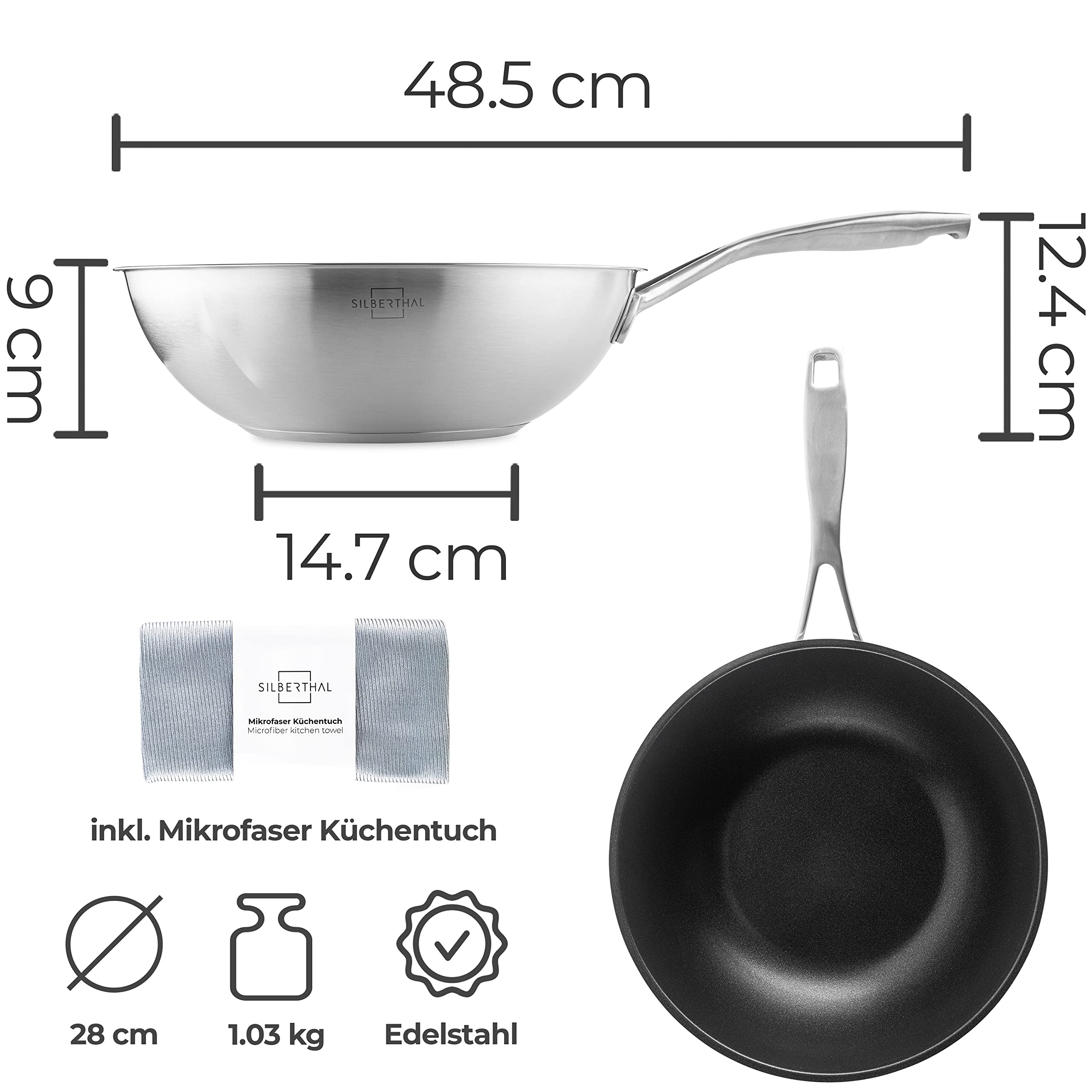 SILBERTHAL Wokpfanne Induktion 28 cm - Edelstahl Wok mit Anti-Haftbeschichtung - Für alle Herdarten - Backofenfest