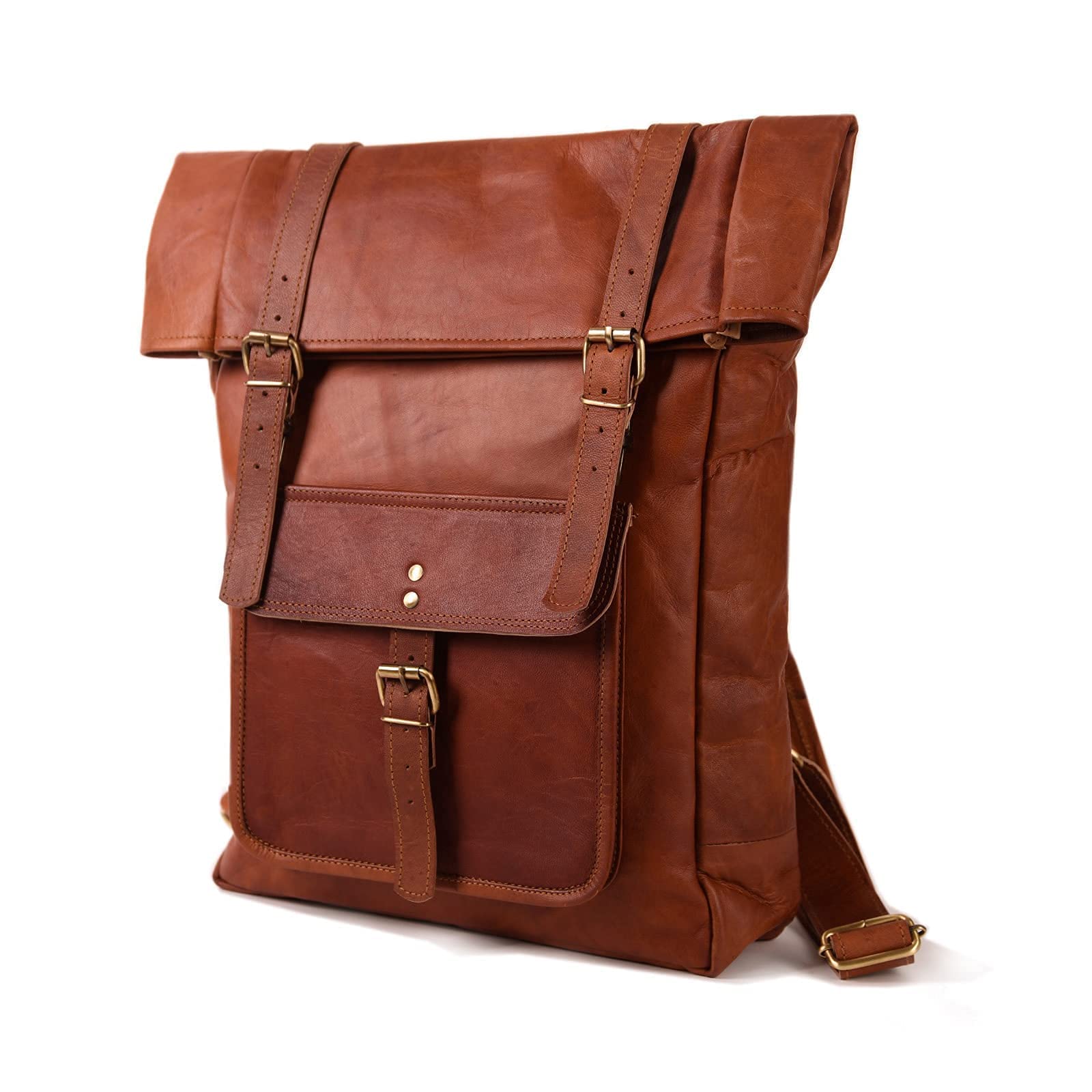 Leather Lane 'Ricardo' Rucksack Echtes Leder Vintage Roll Top Tagesrucksack für Damen und Herren Fahrradrucksack Kurierrucksack Laptoprucksack rollbar Naturleder Braun