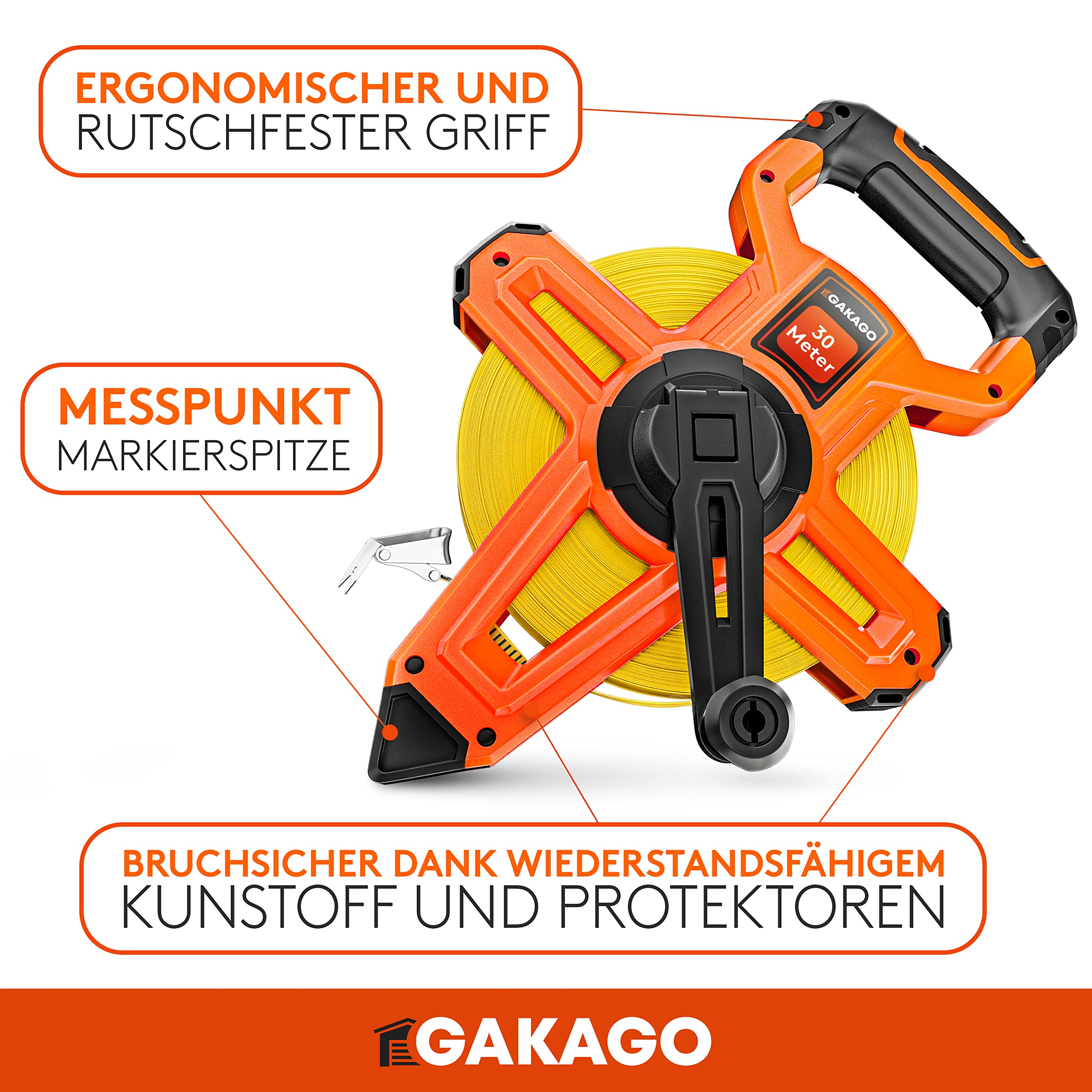 Gakago Bandmaß - 3-fach übersetztes Rollmaßband mit klappbarem Hebel - Ergonomischer & rutschfester Maßband Haltegriff - Masbandrolle mit Messpunkt-Markierspitze und flexiblen Messhaken (100 Meter)