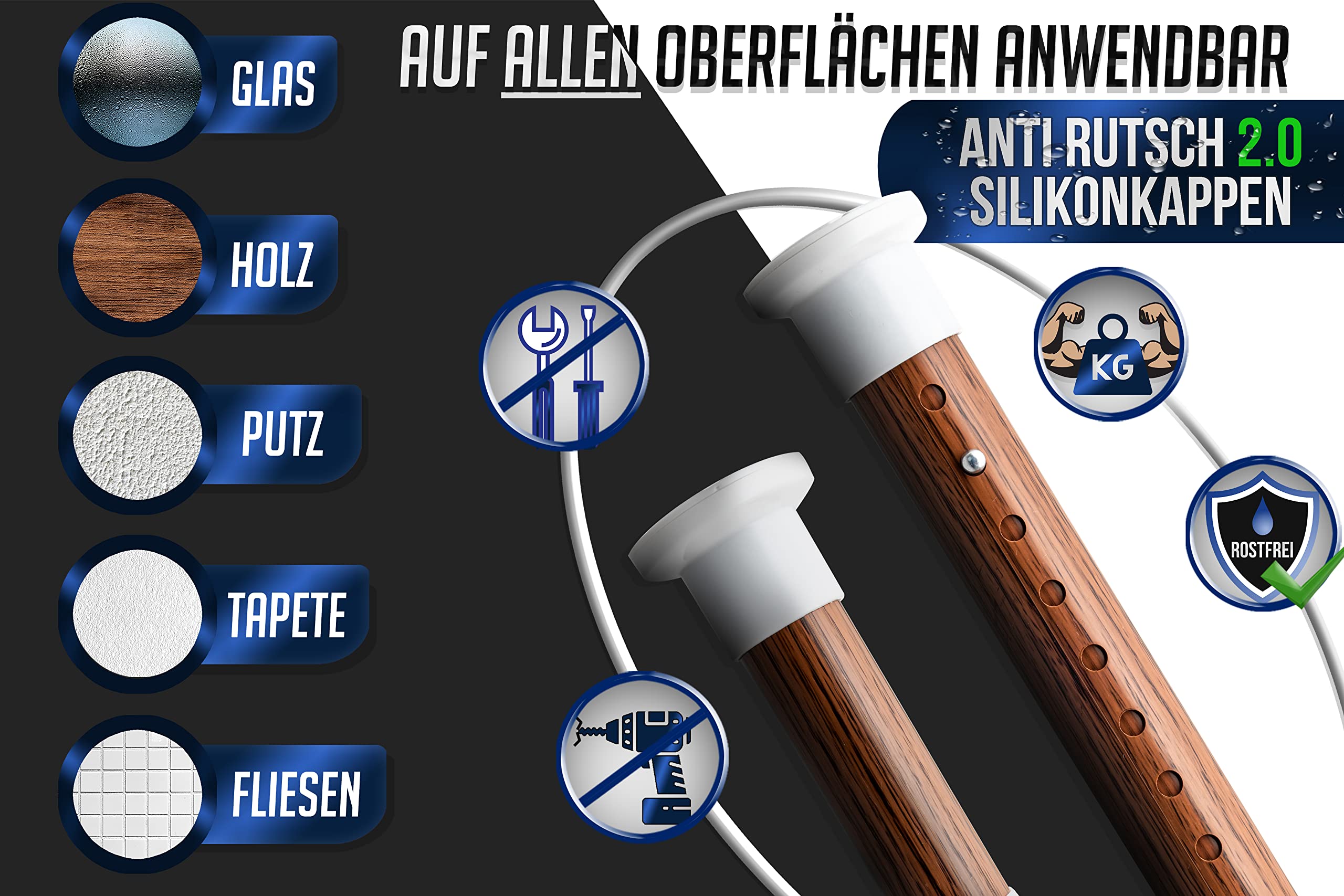 MEISENBERG Gardinenstange ohne Bohren 360-410cm, Ø32mm Holzoptik Multifunktionale Vorhangstange zum Einklemmen - Ausziehbare Teleskopstange, Klemmstange - auch für Trennwand anwendbar