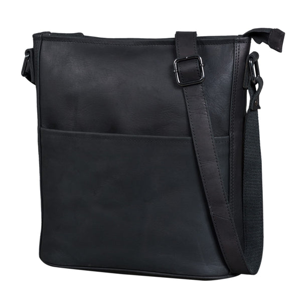 LEABAGS Leder Handtasche Damen I Premium Echtleder Umhängetasche I Damen Schultertasche I Damentasche I Tragetasche für Arbeit Uni Schule Freizeit I Größe L (31 x 23 x 6 cm) I Nature Schwarz