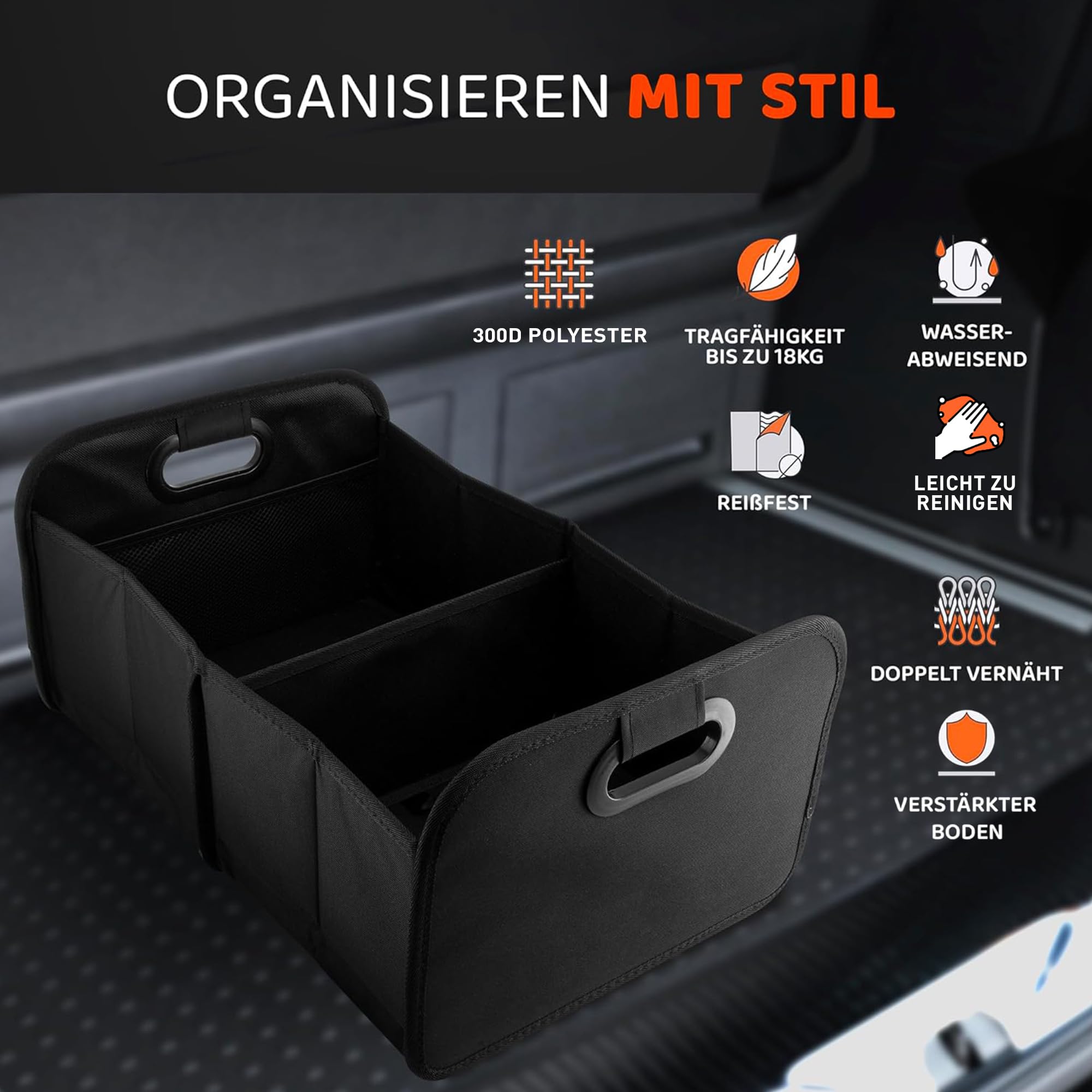 MyHappyRide Auto Kofferraumtasche Schwarz - Kofferraum Organizer zusammenklappbar - Faltbare Aufbewahrungsbox - antirutsch und wasserfester Boden - Auto Faltbox