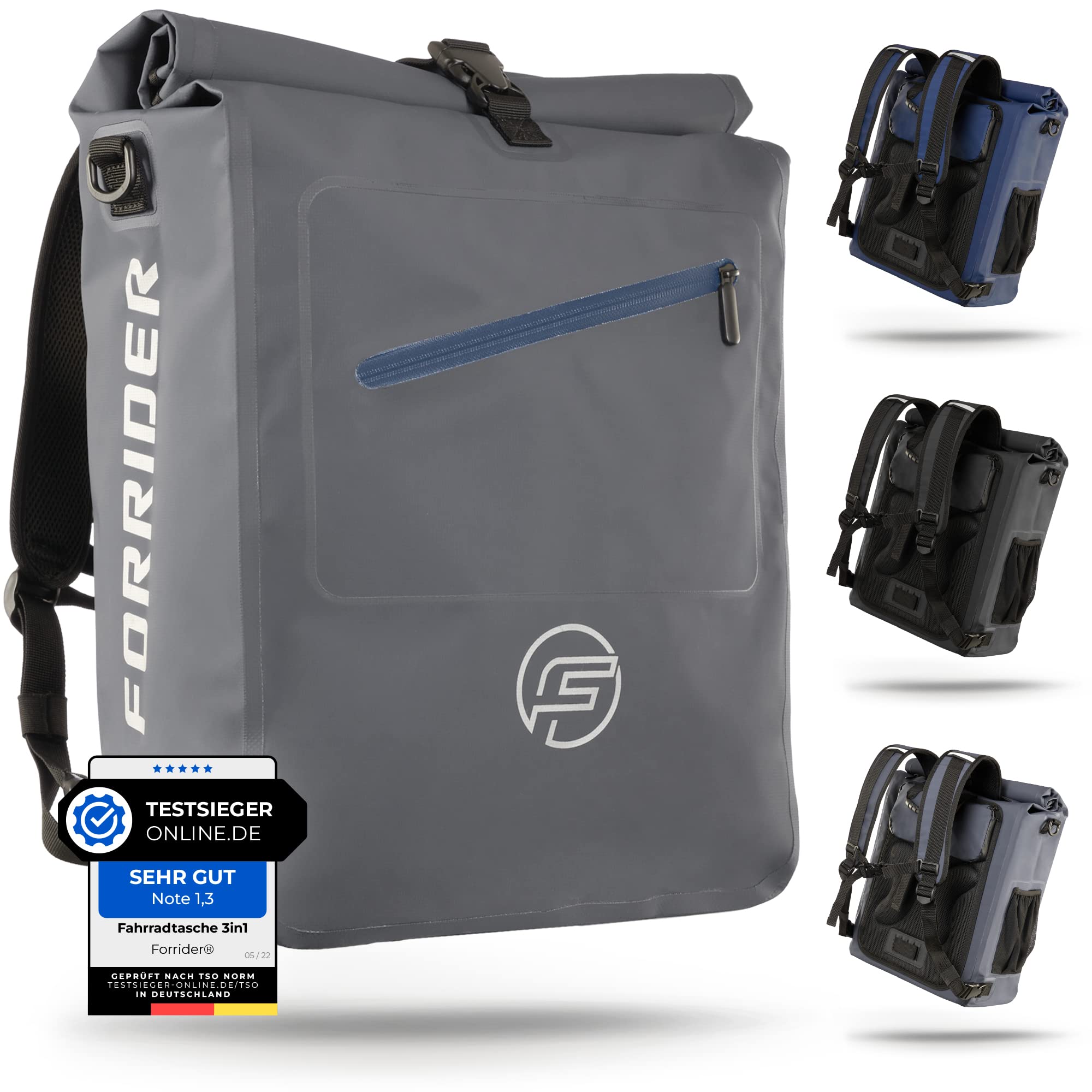 Forrider 3in1 Fahrradtasche für Gepäckträger mit Rucksack Wasserdicht 27L I Gepäckträgertasche Reflektierend I Sattel Tasche fürs Fahrrad (Grey)