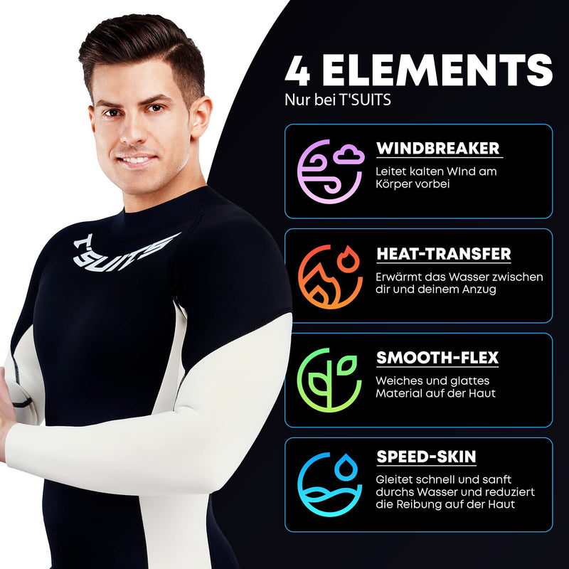 T´SUITS Neoprenanzug Herren & Damen [3mm, Lang, 4-Elements] | Tauchen, Schwimmen, Surfen, Kiten, Wasserski, Rafting - Jetzt Größe Wählen (XS, Herren Schwarz/Weiß)