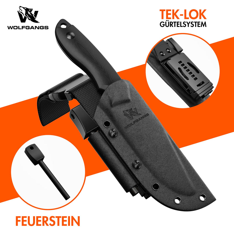 Wolfgangs Outdoor-Messer AMBULO mit Kydex Holster - Edles Jagdmesser aus einem Stück D2 Stahl gefertigt - DAS Bushcraft Messer - Survival Messer inklusive verbessertem Feuer-Starter (Full Black)