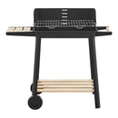 casa.pro Grillwagen Ari Holzkohlegrill BBQ Grillrost aus emailliertem Edelstahl Gartengrill 2 Räder Windschutz mit Grillrosthöhenverstellung 78x86x30cm Schwarz/Holz