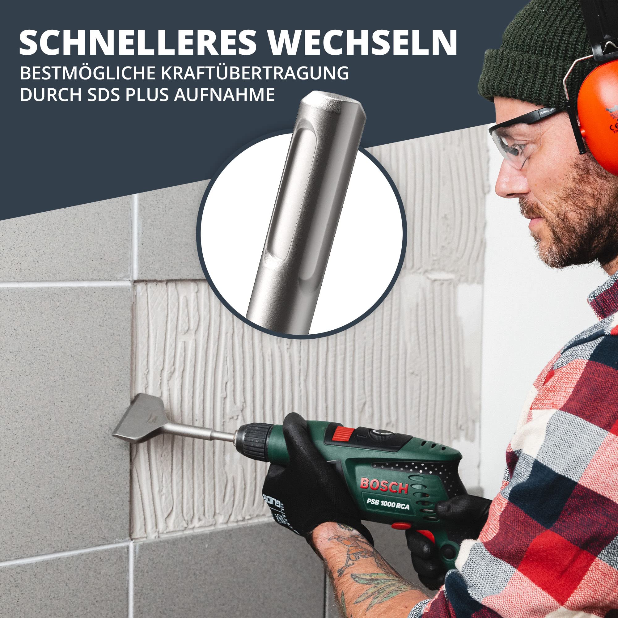 BAURIX® Fliesenmeißel SDS Plus Meißel [250x75 mm] I FRAKTOR®-System - Mühelos Fliesen entfernen I Abgewinkelter Flachmeißel breit für Fliesen und Fliesenkleber I 42CrMo-Spezialstahl