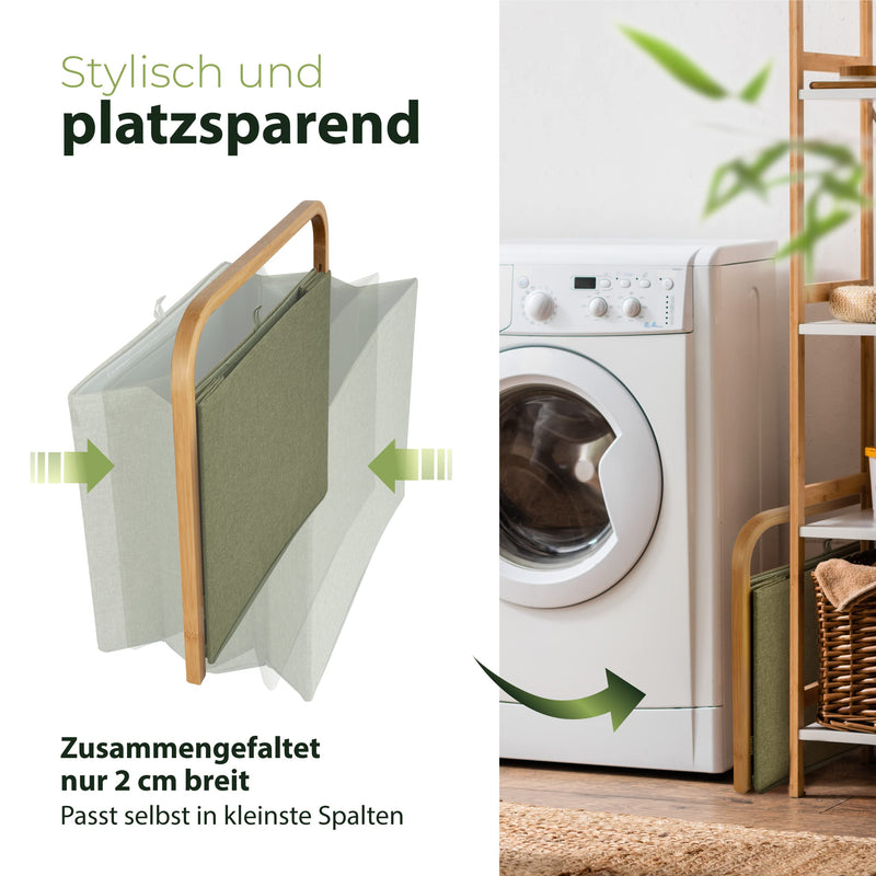 AMBIAVO® Faltbarer Wäschekorb 40L - Edles Design, Grün – Robust & Platzsparend mit Bambusgriff - Einfacher Faltmechanismus - Wäschekorb Faltbar, Wäschekorb Bambus, Klappbarer Wäschekorb